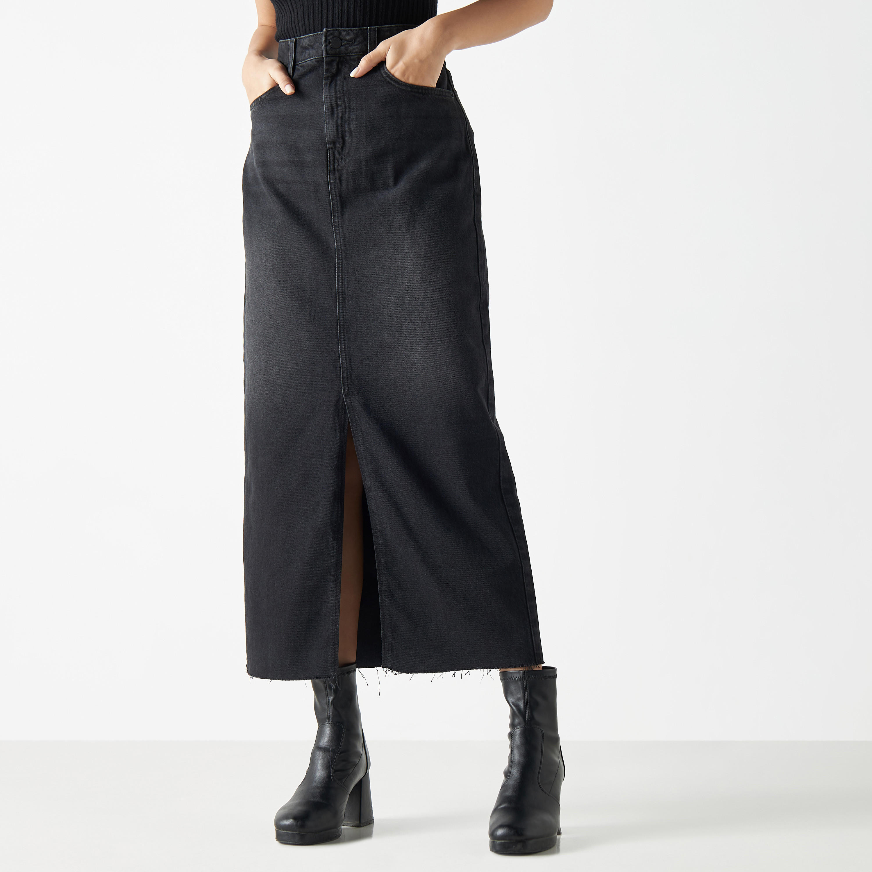 Solid Denim Skirt with Slit and Pockets-women-clothing-bottoms-skirts-image-1