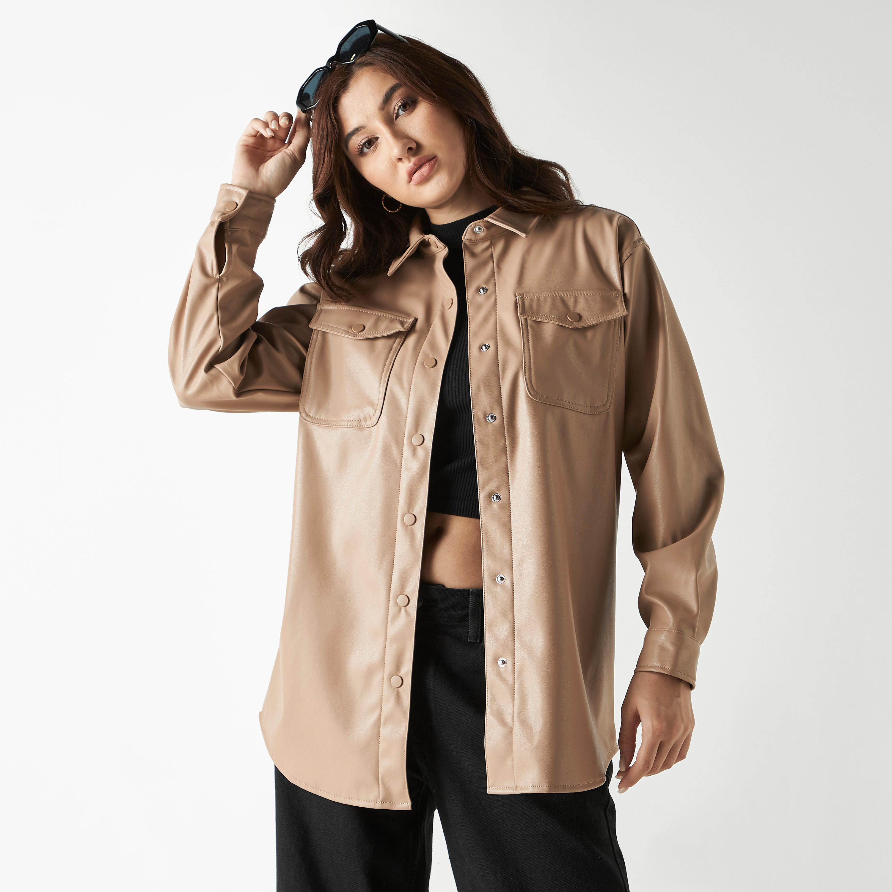 Solid Shacket with Pockets and Long Sleeves-women-winterwear-coatsandjackets-jackets-image-1