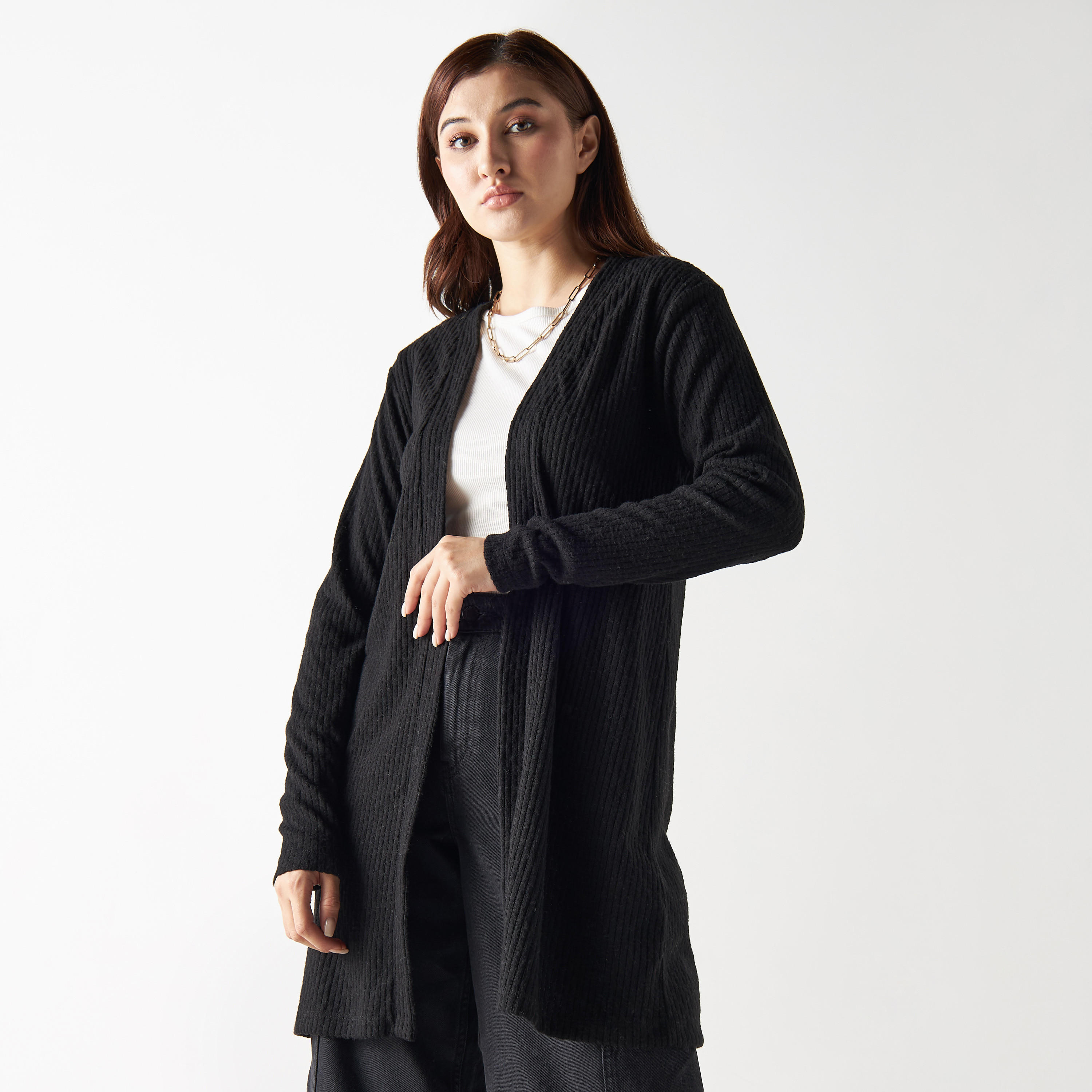 Ribbed Open Front Longline Shrug-women-winterwear-cardigansandjumpers-cardigans-image-1
