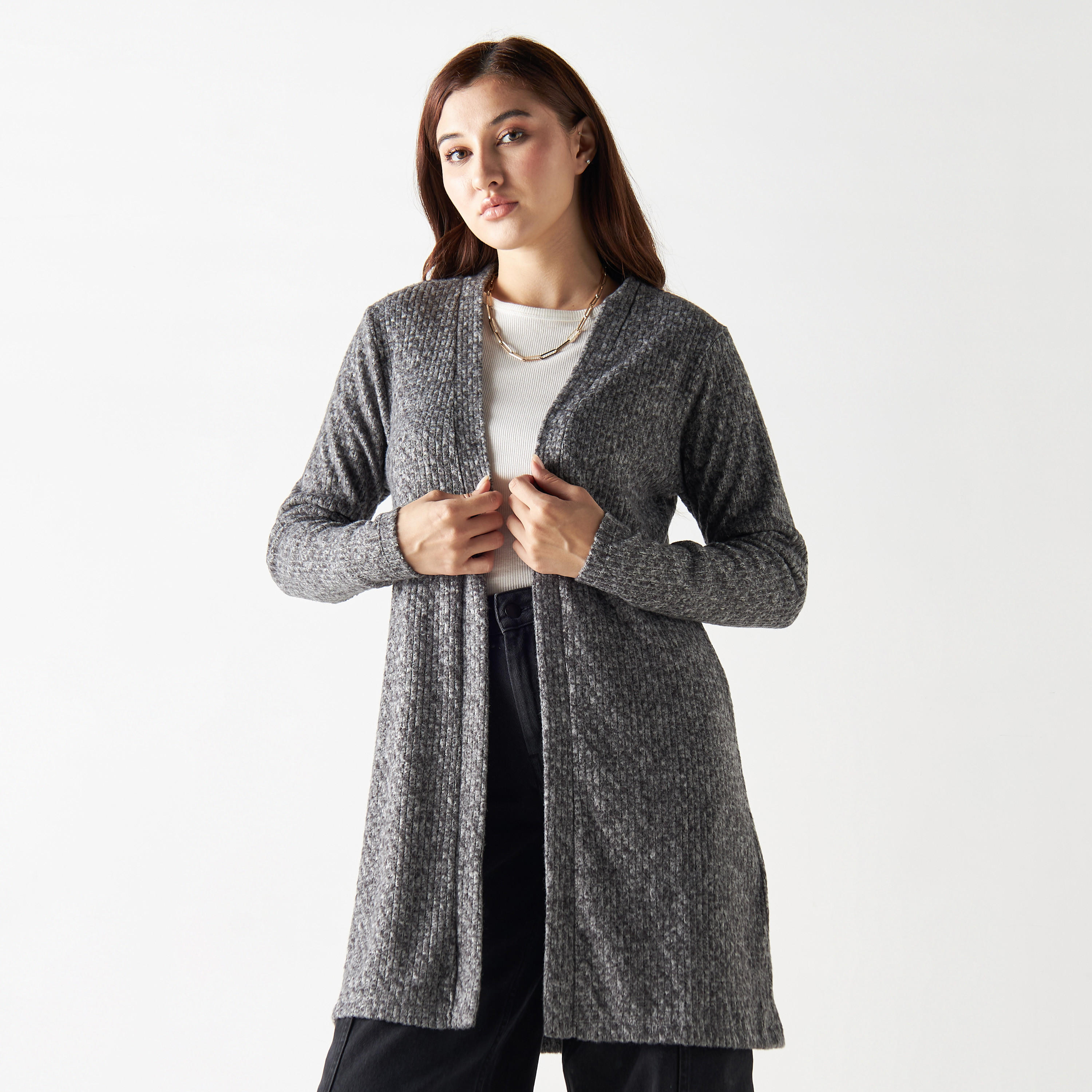 سترة طويلة مضلعة بمقدمة مفتوحة-women-winterwear-cardigansandjumpers-cardigans-image-1