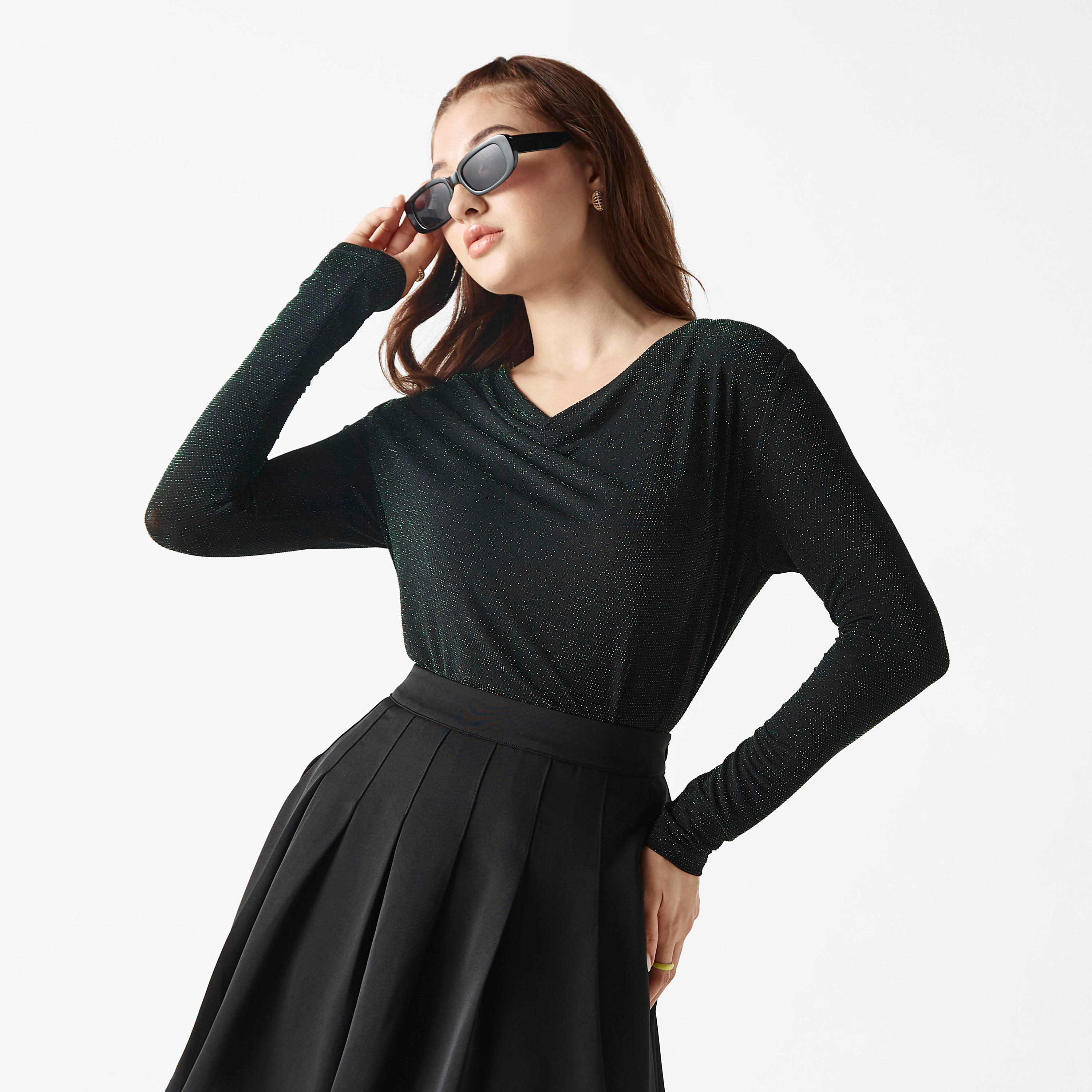 بلوزة بارزة الملمس بياقة منسدلة وأكمام طويلة-women-clothing-shirtsandblouses-blouses-image-4