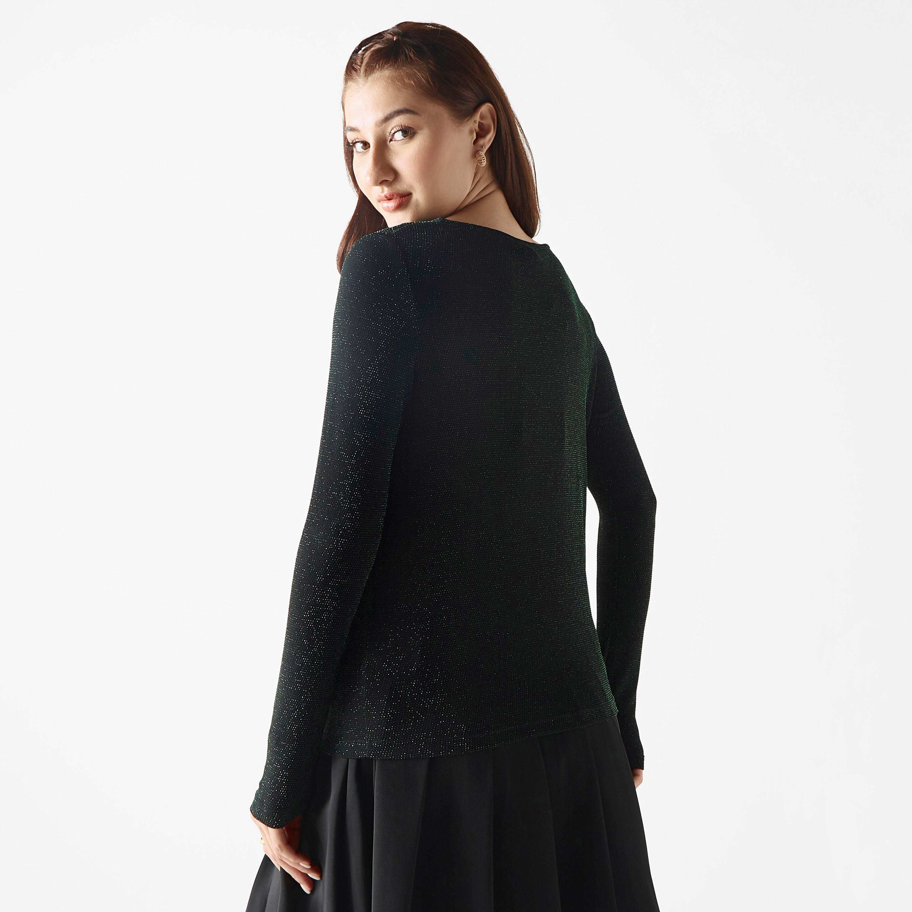 بلوزة بارزة الملمس بياقة منسدلة وأكمام طويلة-women-clothing-shirtsandblouses-blouses-image-2