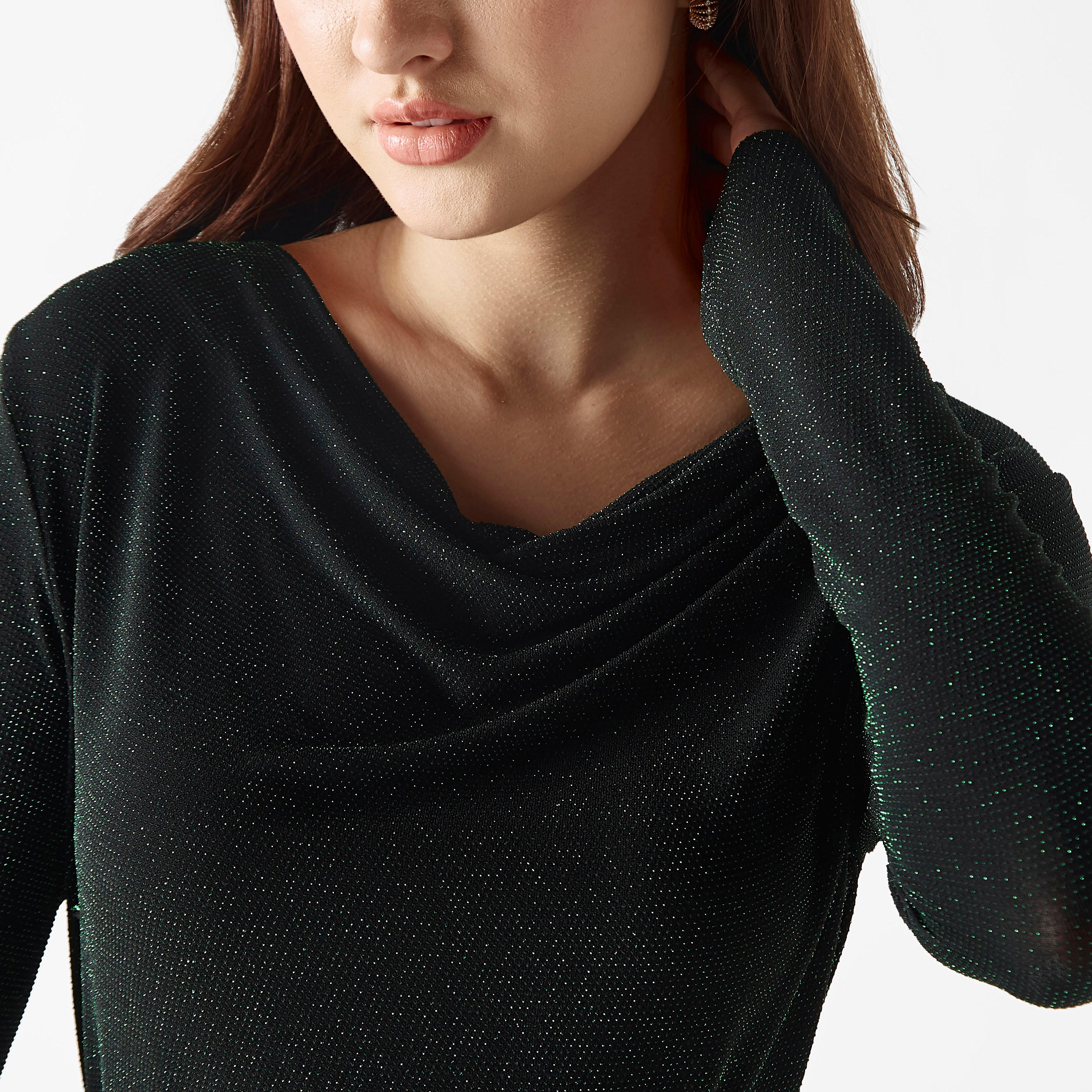 بلوزة بارزة الملمس بياقة منسدلة وأكمام طويلة-women-clothing-shirtsandblouses-blouses-image-1