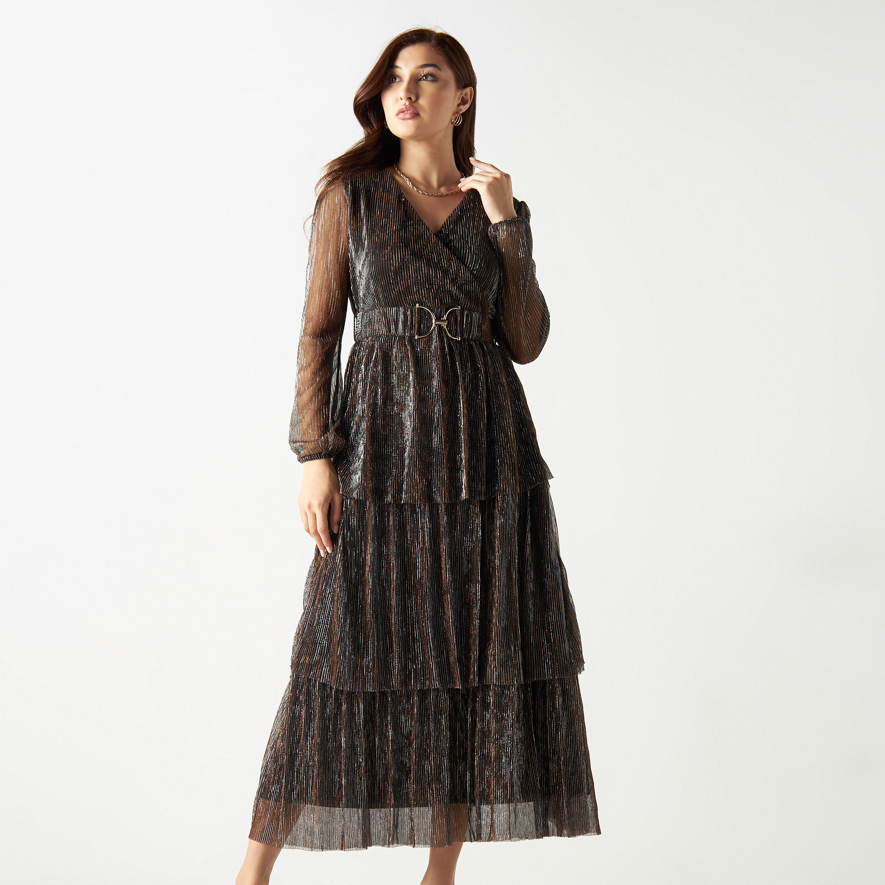 فستان طويل متعدد الطبقات بياقة V وحزام-cpwomen-clothing-dresses-image-1