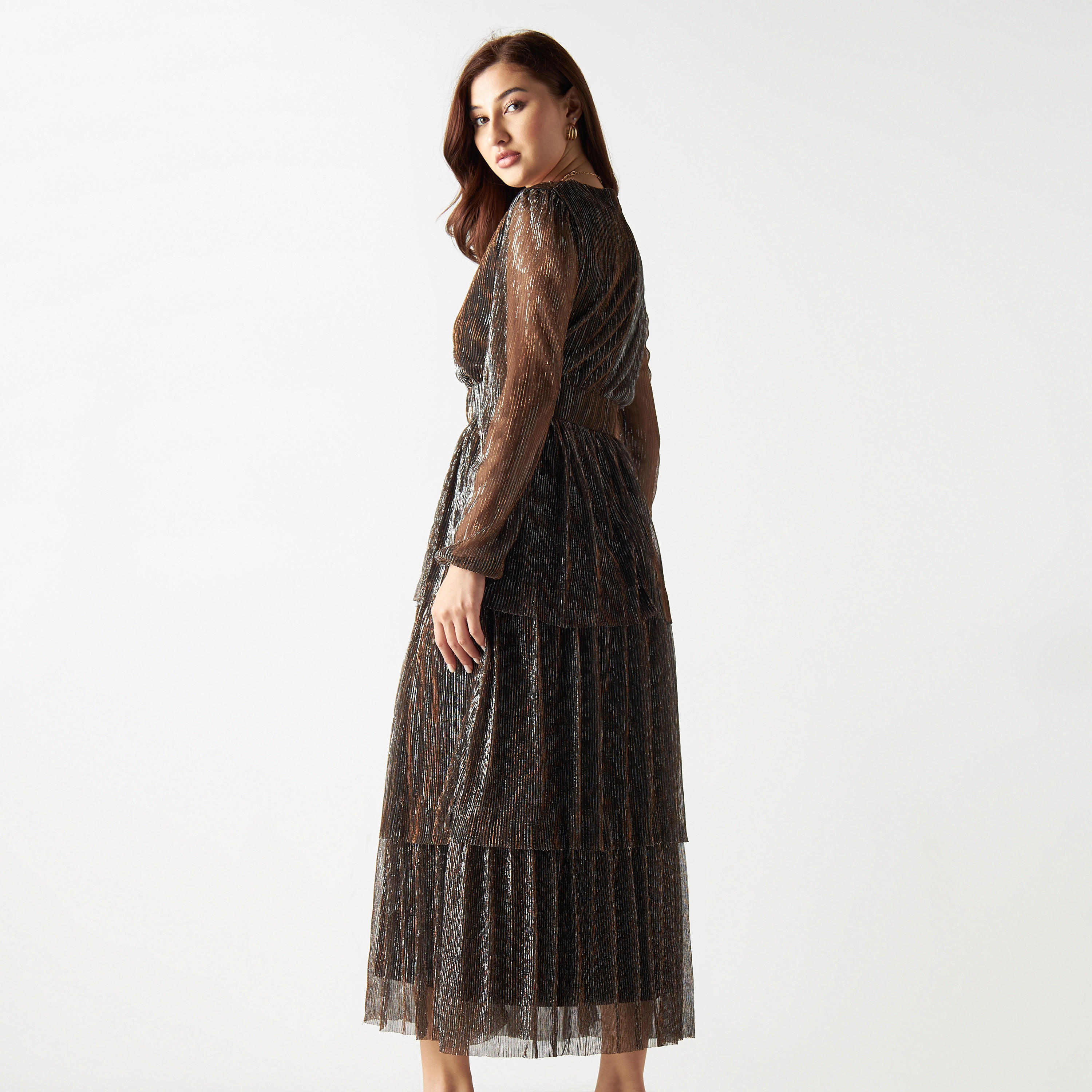 فستان طويل متعدد الطبقات بياقة V وحزام-cpwomen-clothing-dresses-image-3