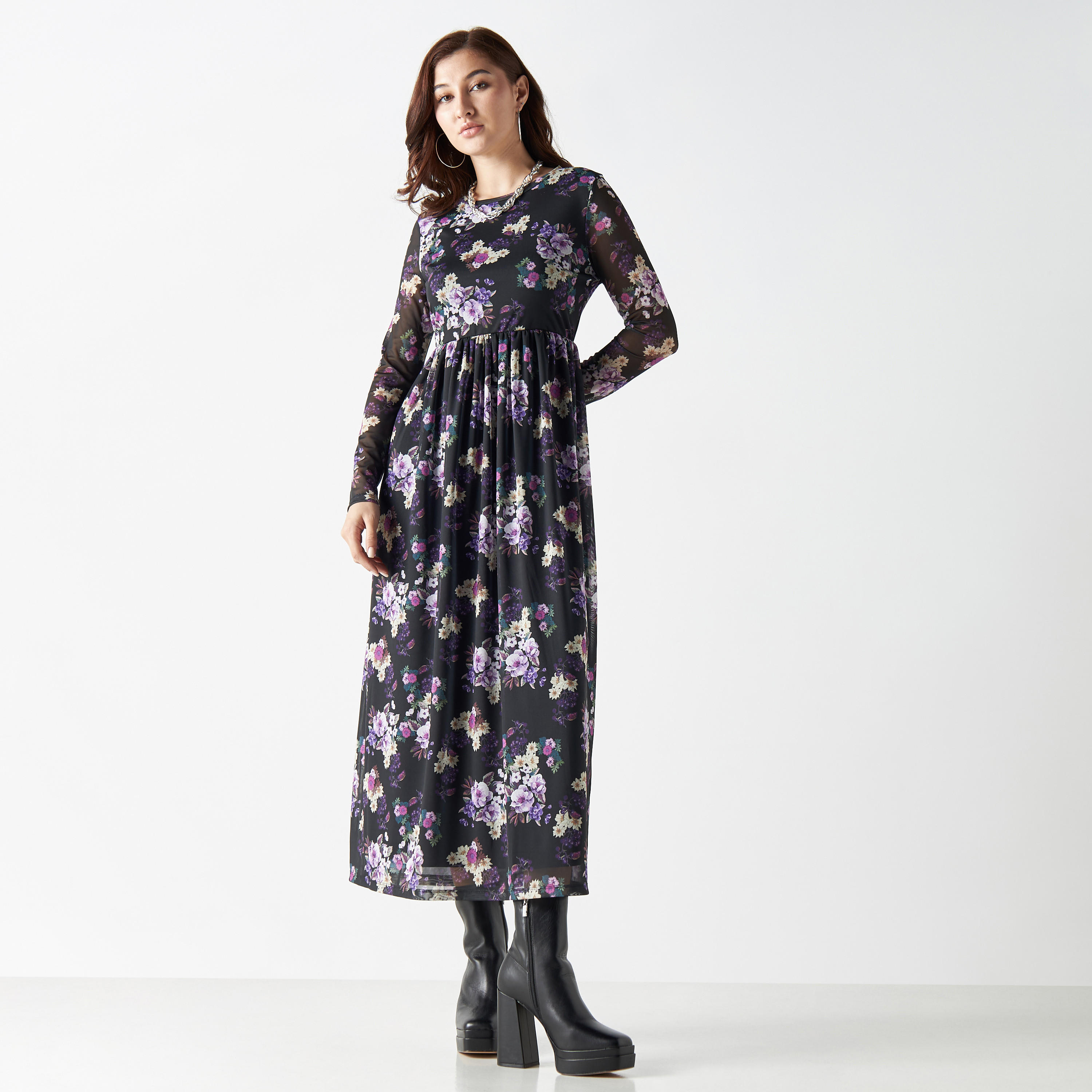 فستان إيه لاين ميدي بطبعات أزهار وياقة عالية وأكمام طويلة-women-clothing-dresses-image-1