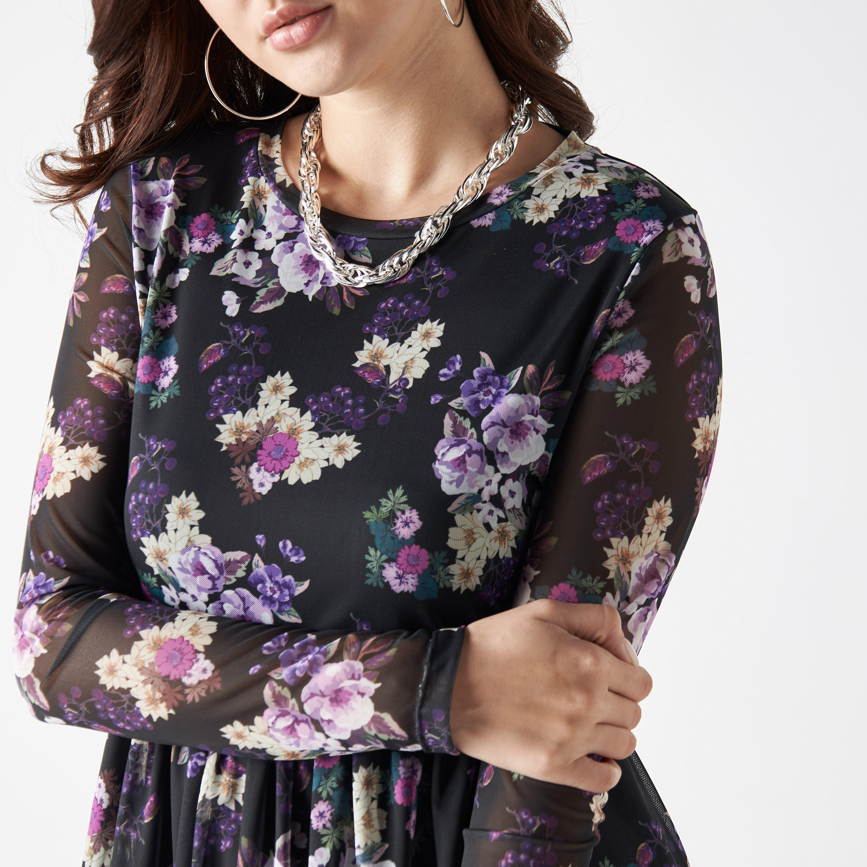 فستان إيه لاين ميدي بطبعات أزهار وياقة عالية وأكمام طويلة-women-clothing-dresses-image-4