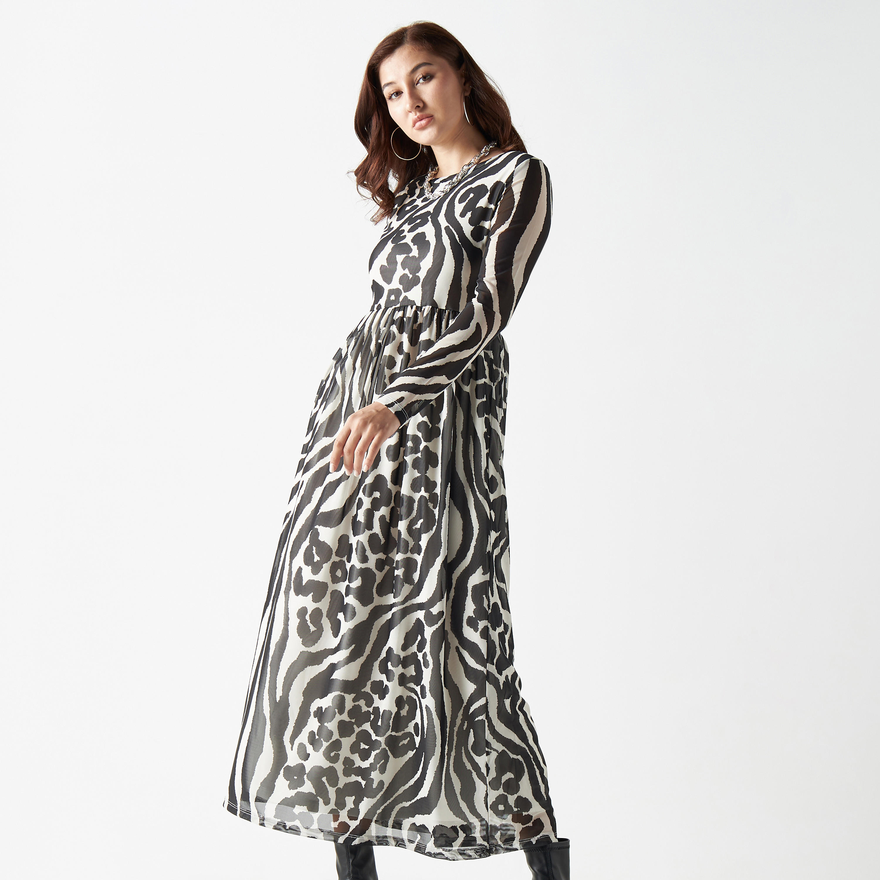 فستان ميدي إيه لاين بياقة مستديرة وأكمام طويلة وطبعات-women-clothing-dresses-image-1