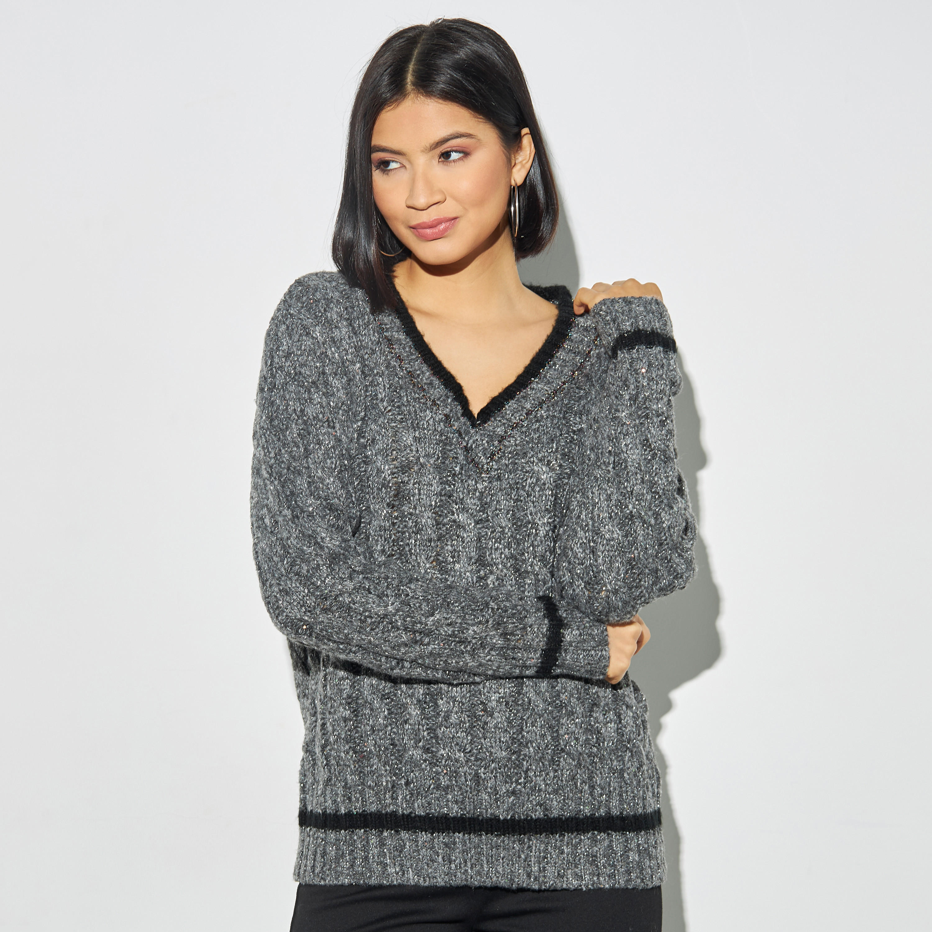 Cable Knit Lurex Sweater with V-neck-women-clothing-cardigansandjumpers-jumpers-image-1