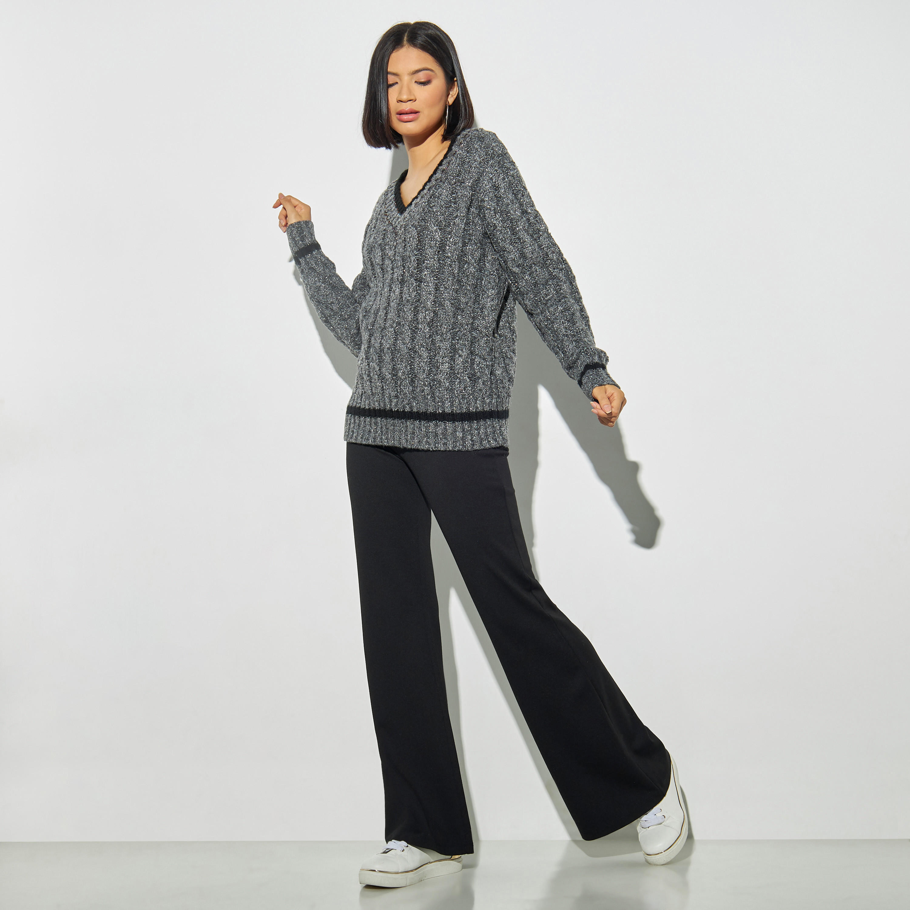 Cable Knit Lurex Sweater with V-neck-women-clothing-cardigansandjumpers-jumpers-image-2