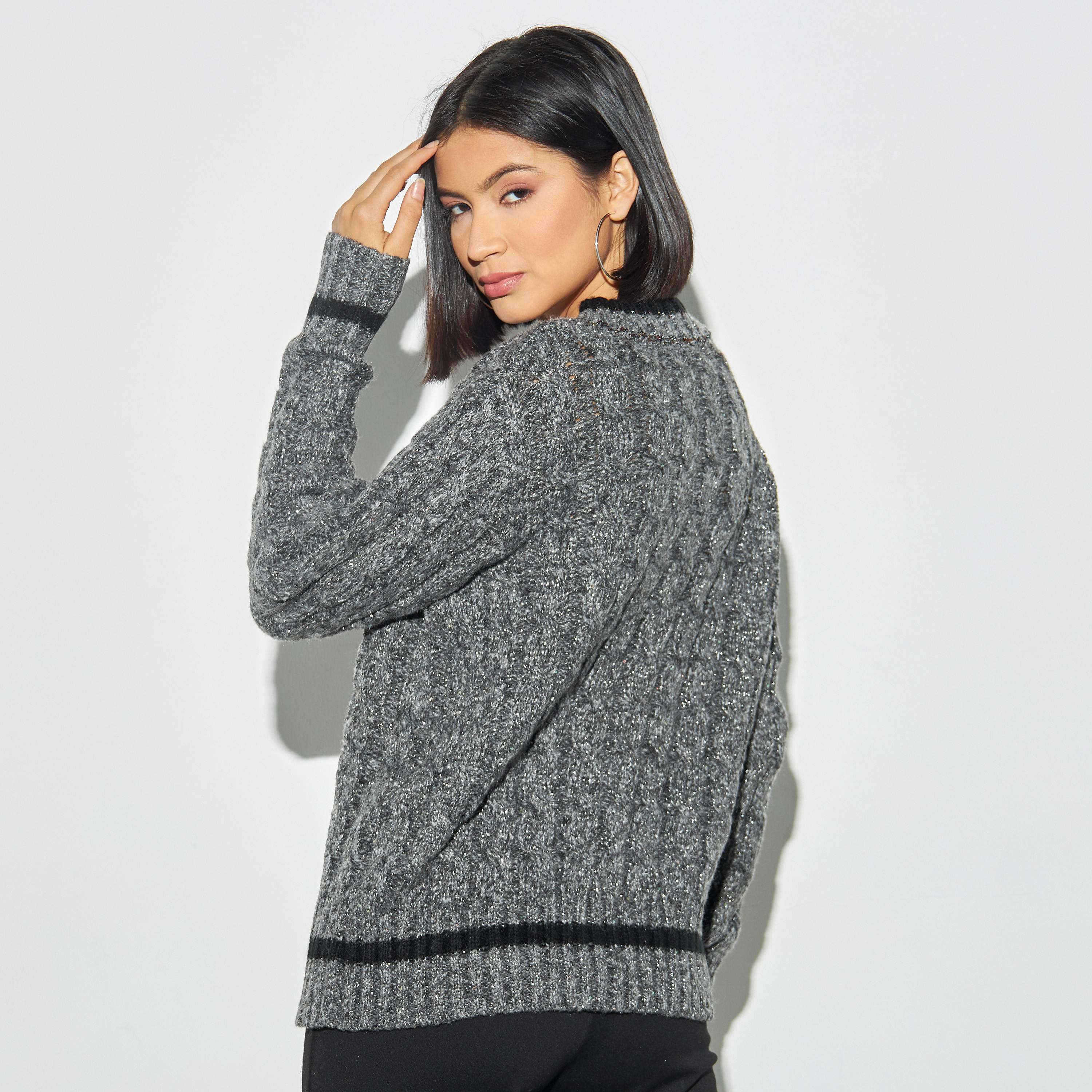 Cable Knit Lurex Sweater with V-neck-women-clothing-cardigansandjumpers-jumpers-image-3