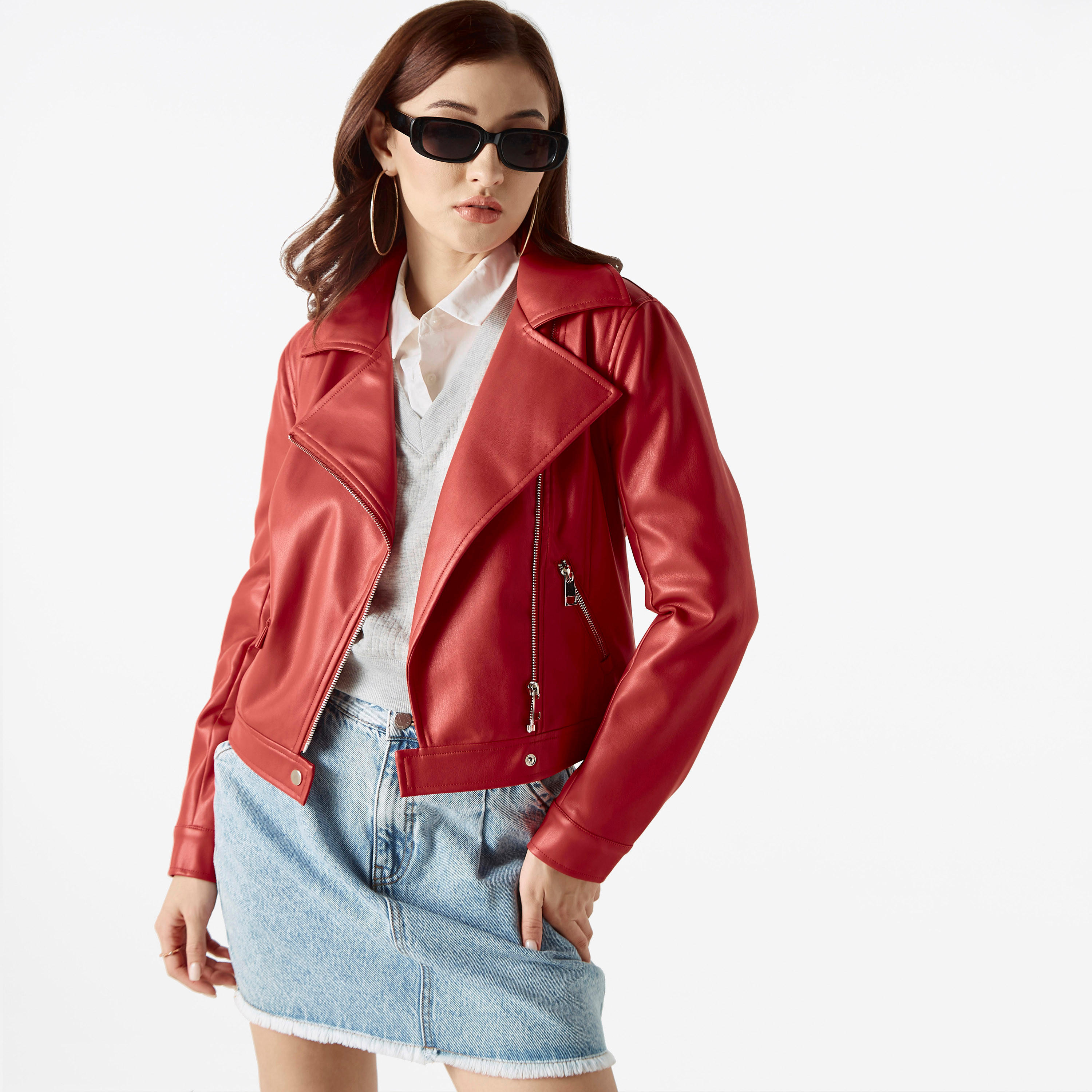 Solid Leather Biker Jacket with Zip Closure and Long Sleeves-women-winterwear-coatsandjackets-jackets-image-1