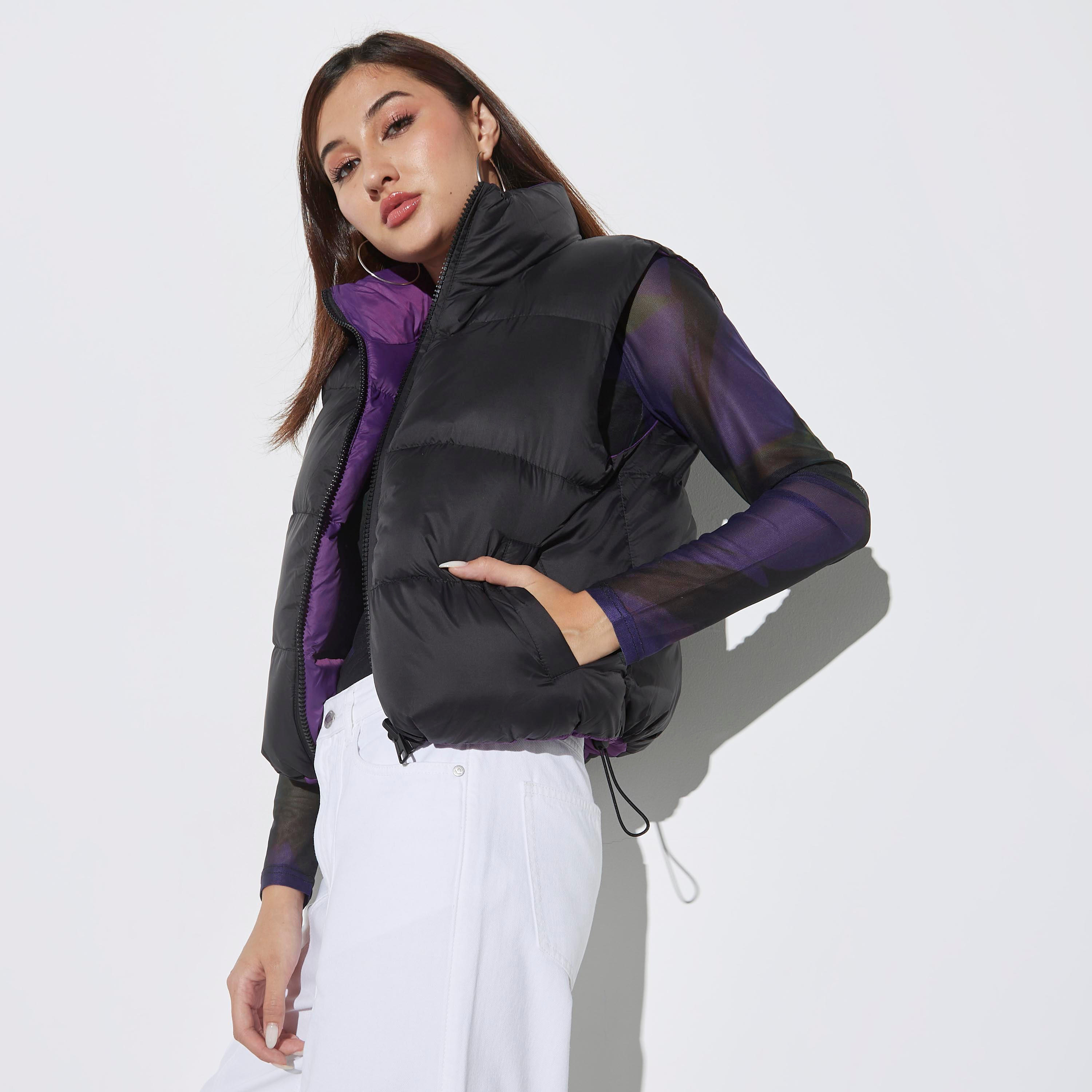 Quilted Sleeveless Jacket with Zip Closure and Pockets-women-winterwear-coatsandjackets-jackets-image-1