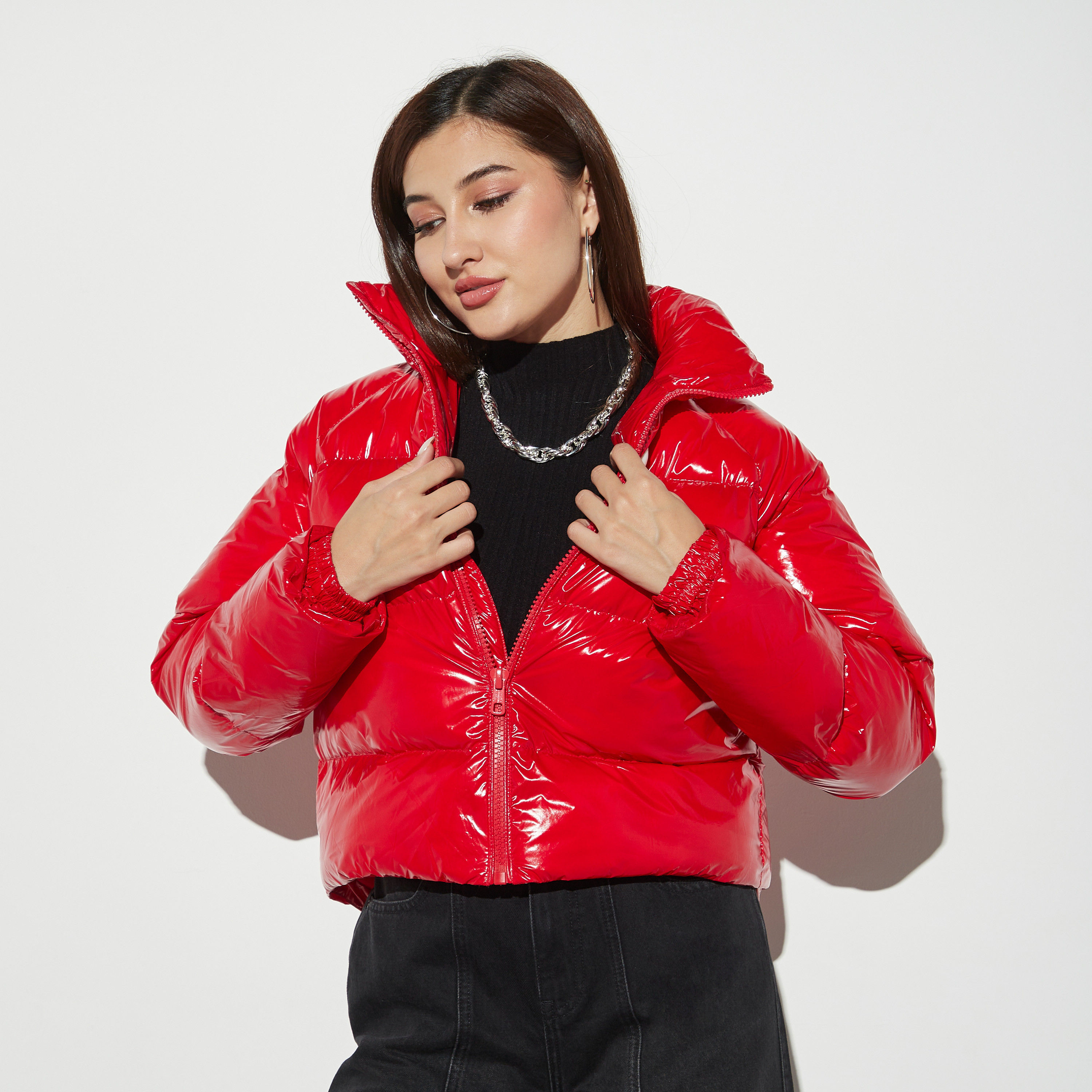 Solid Puffer Jacket with High Neck and Zip Closure-women-winterwear-coatsandjackets-jackets-image-1