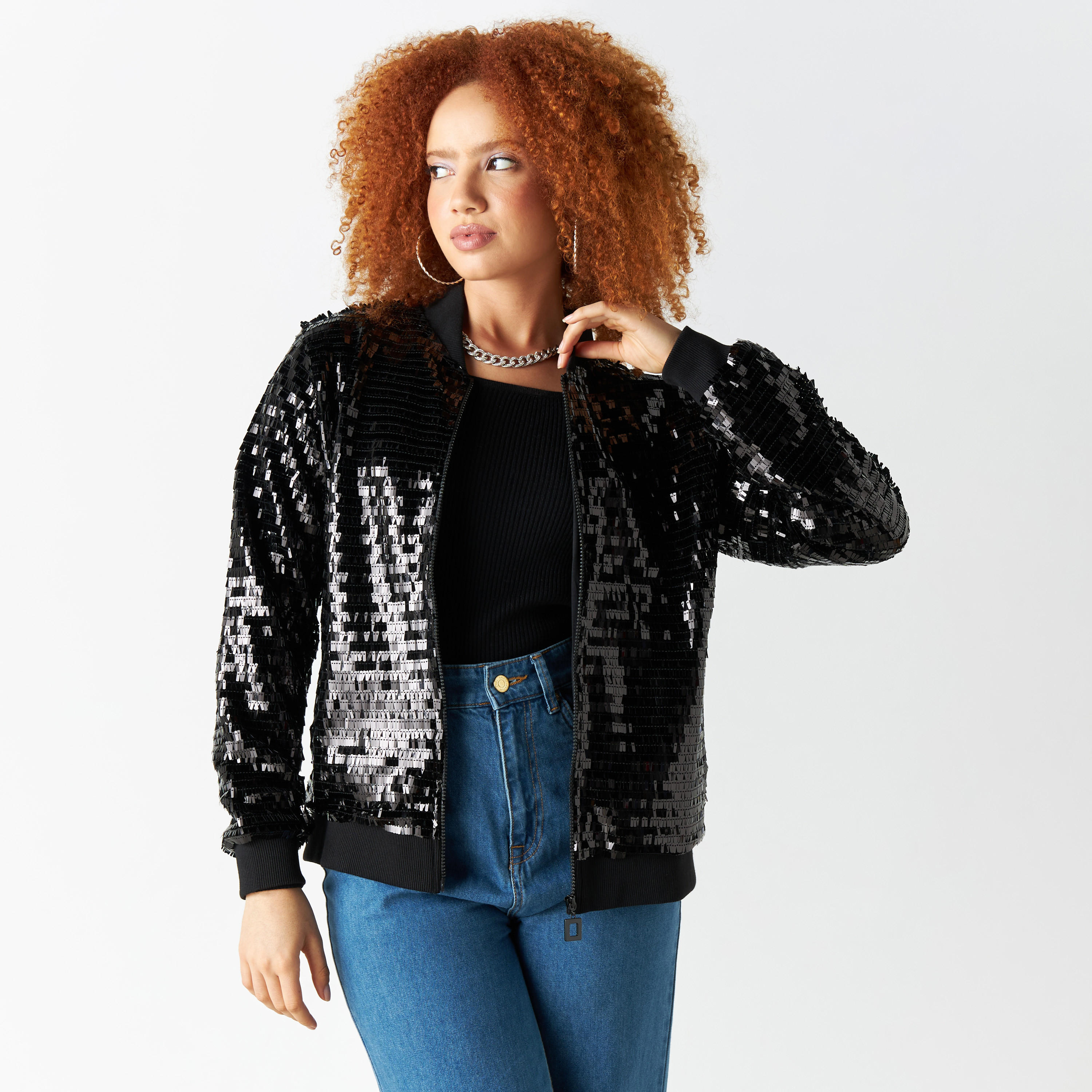جاكيت بومبر مزيّن بأكمام طويلة وسحّاب-women-winterwear-coatsandjackets-jackets-image-1