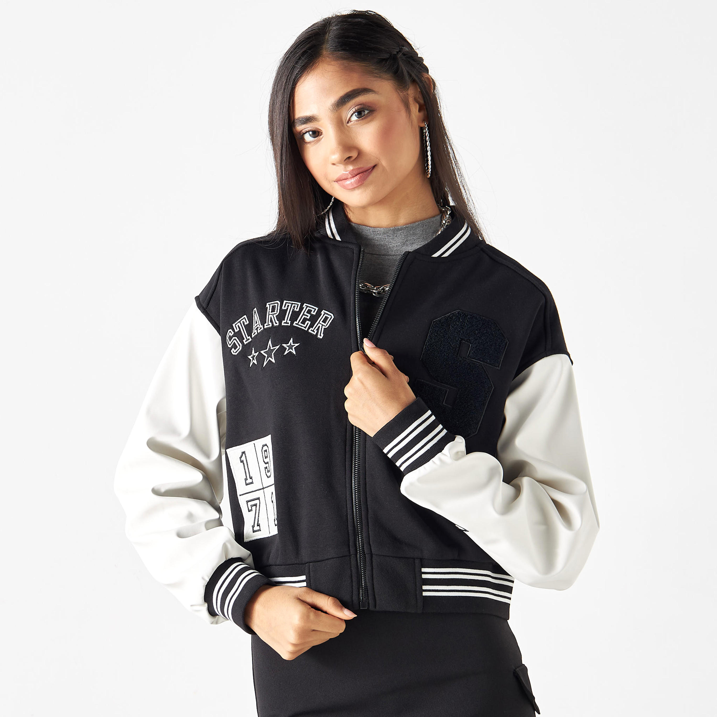 Starter Logo Embroidered Varsity Zip Through Jacket-women-winterwear-coatsandjackets-jackets-image-1