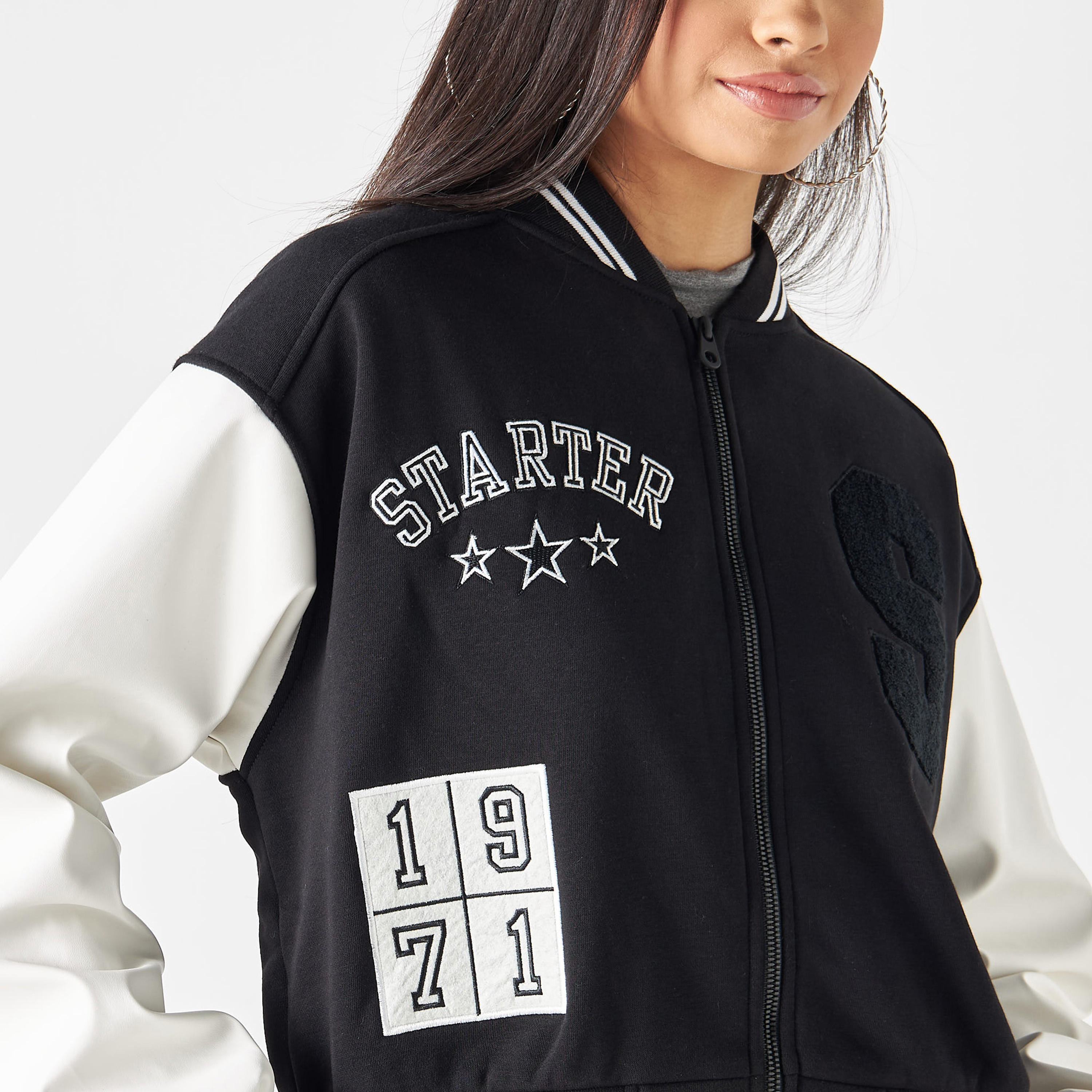 Starter Logo Embroidered Varsity Zip Through Jacket-women-winterwear-coatsandjackets-jackets-image-4