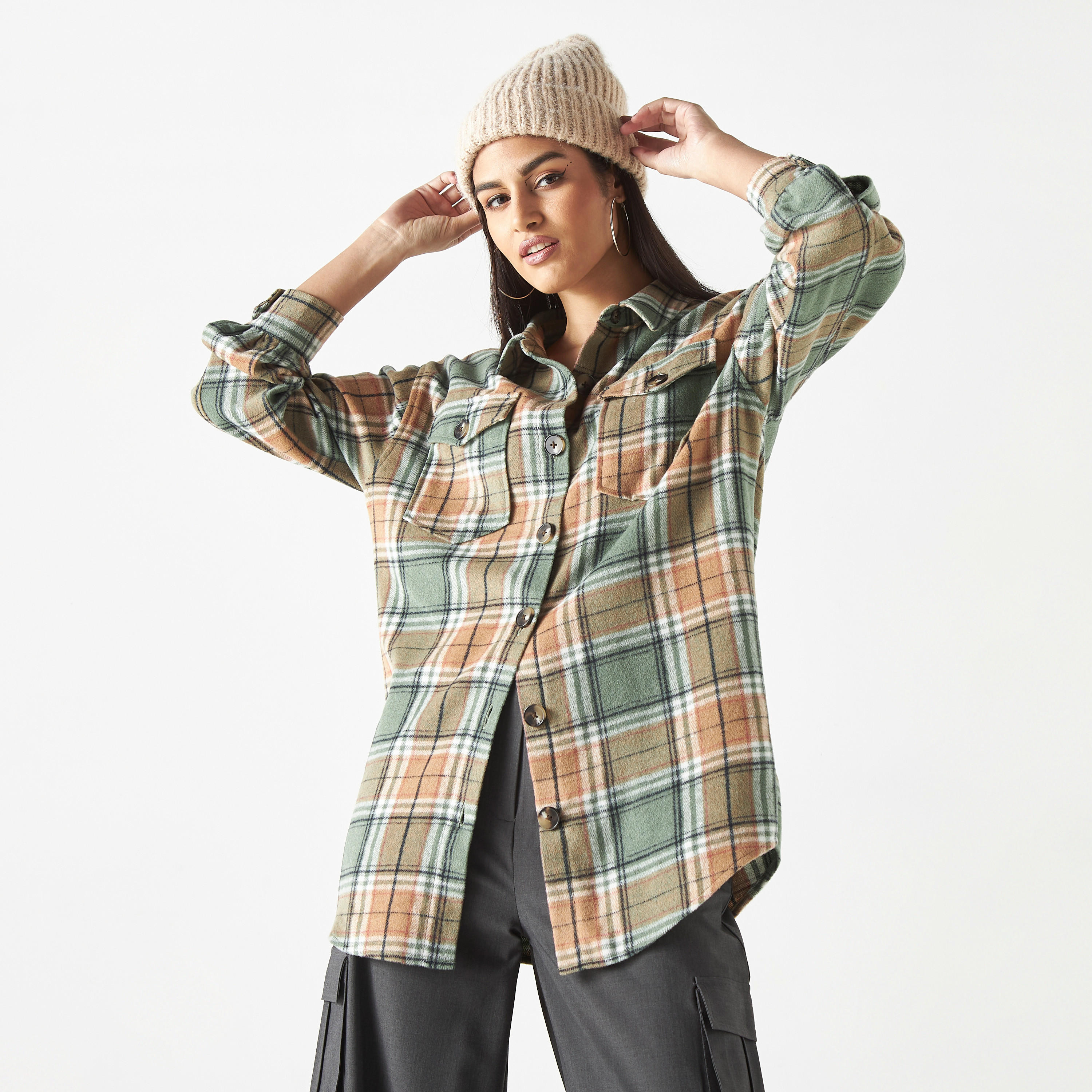 Checked Oversized Shacket with Long Sleeves and Flap Pockets-women-clothing-shirtsandblouses-blouses-image-1