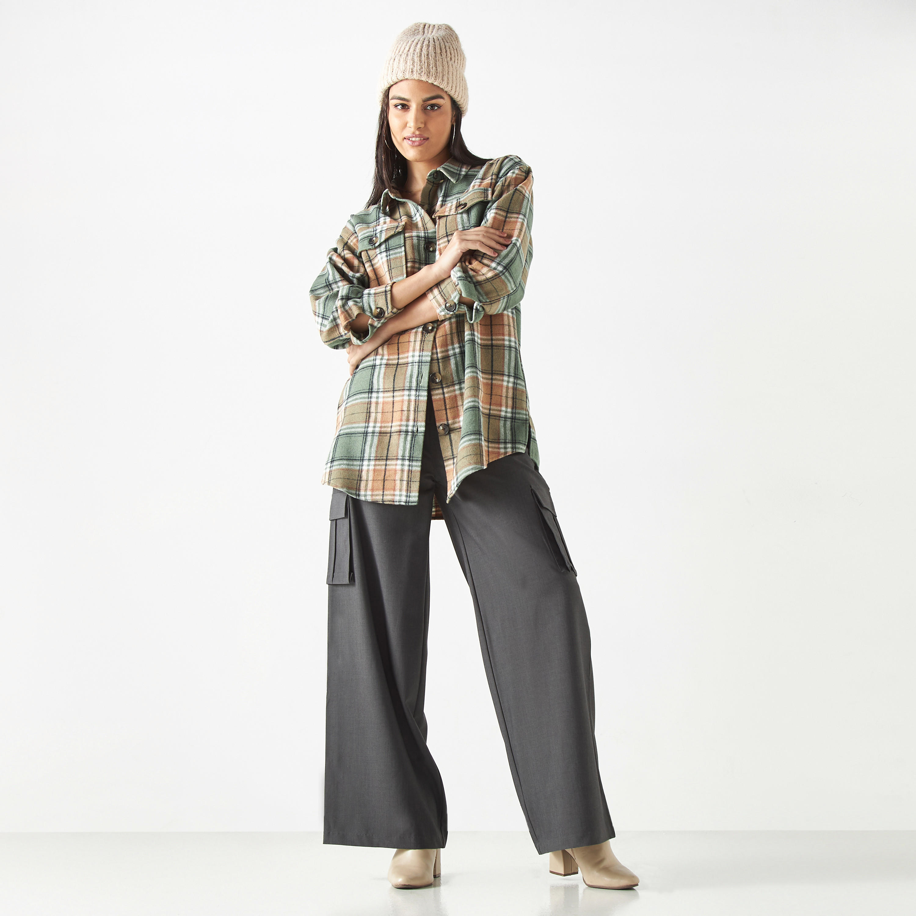 Checked Oversized Shacket with Long Sleeves and Flap Pockets-women-clothing-shirtsandblouses-blouses-image-2