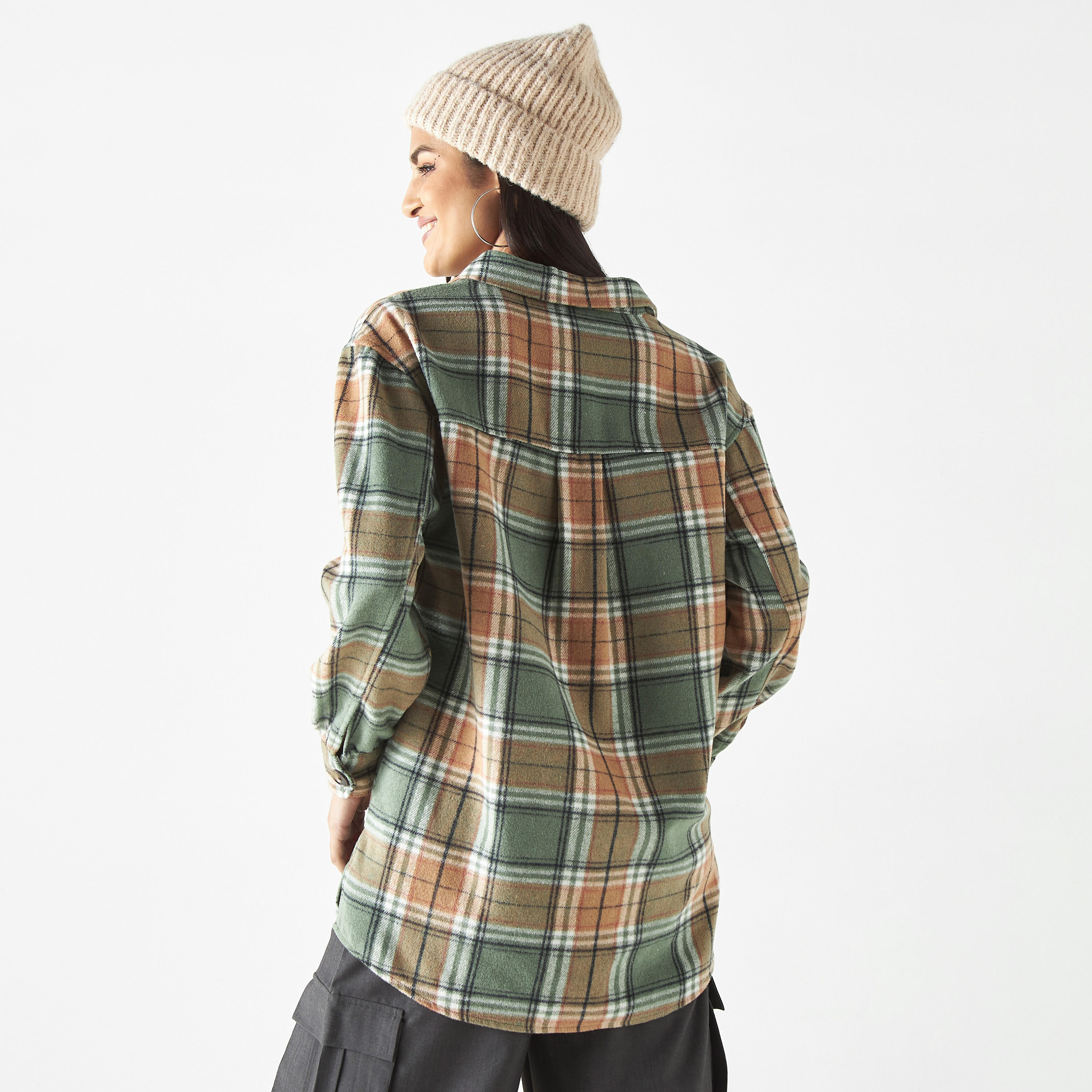 Checked Oversized Shacket with Long Sleeves and Flap Pockets-women-clothing-shirtsandblouses-blouses-image-3