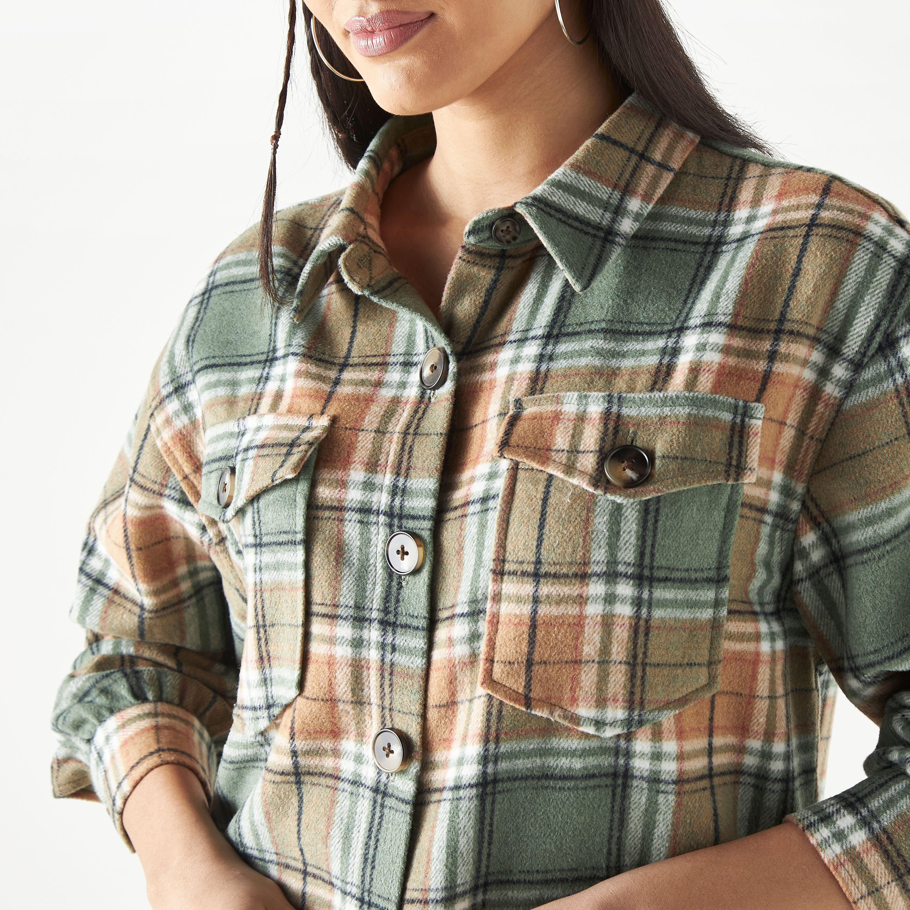Checked Oversized Shacket with Long Sleeves and Flap Pockets-women-clothing-shirtsandblouses-blouses-image-4