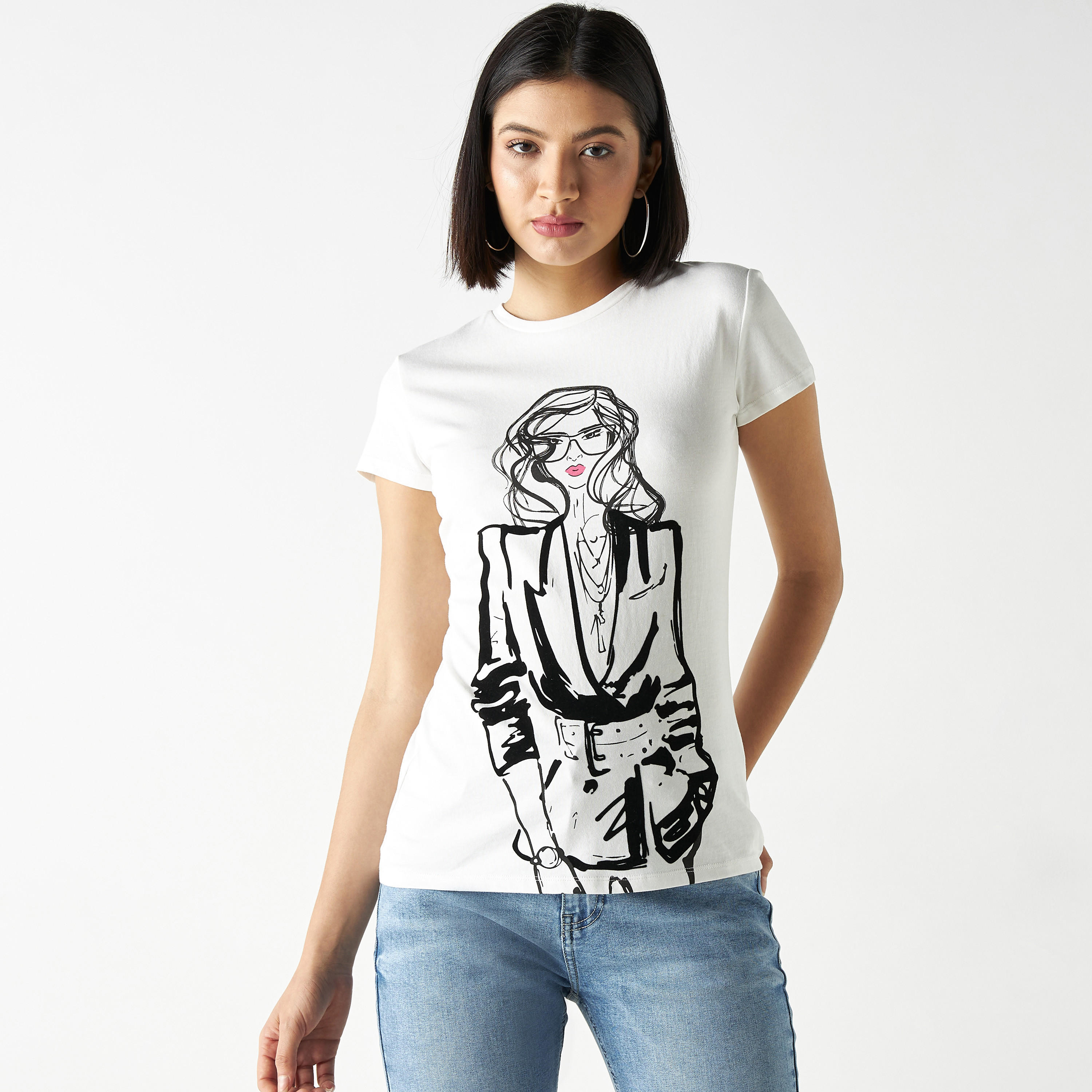 Graphic Print Crew Neck T-shirt with Cap Sleeves-women-clothing-tshirts-image-1