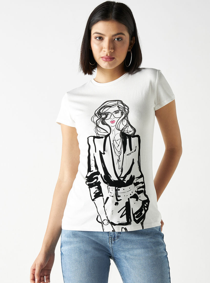 Graphic Print Crew Neck T-shirt with Cap Sleeves-women-clothing-tshirts-image-1