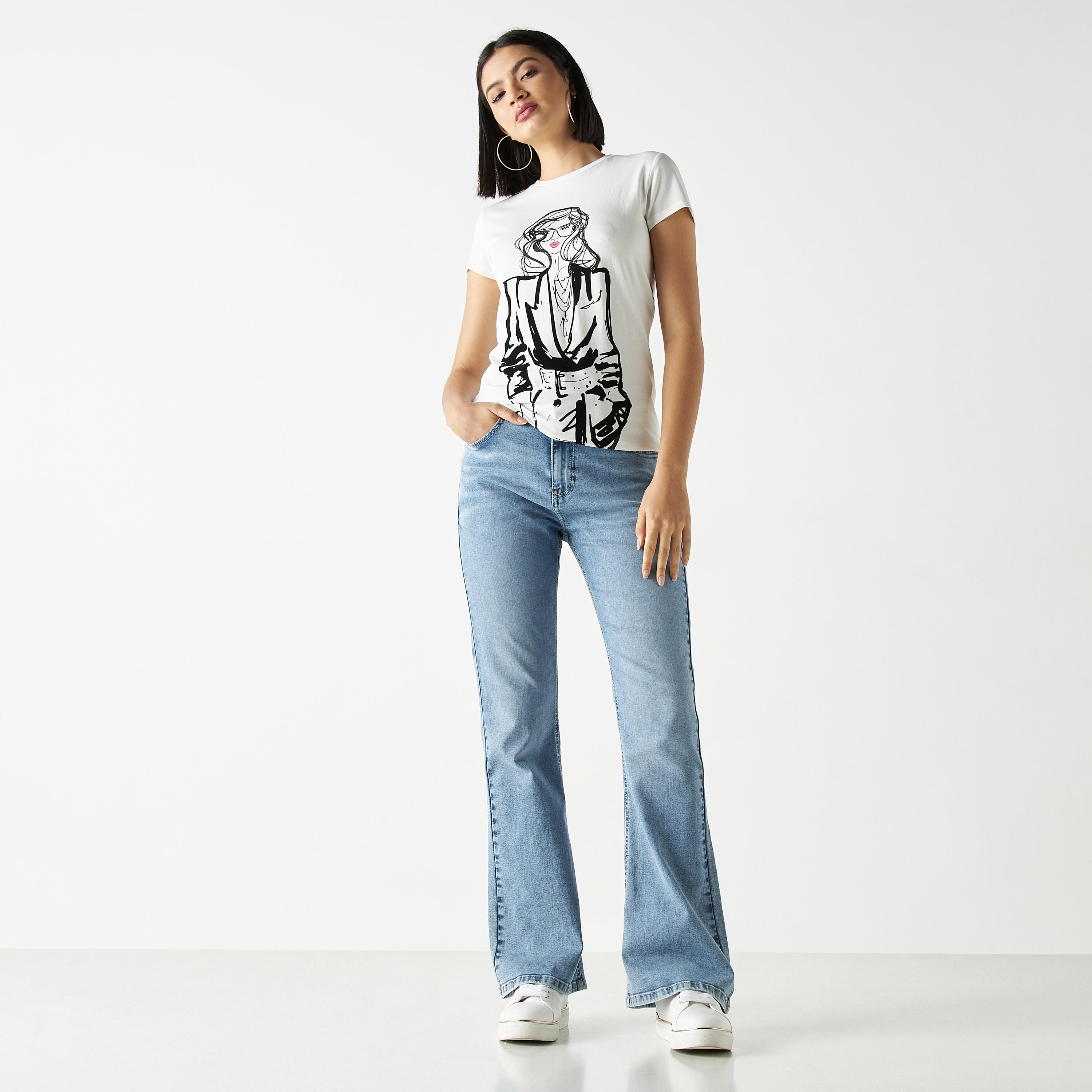 Graphic Print Crew Neck T-shirt with Cap Sleeves-women-clothing-tshirts-image-2