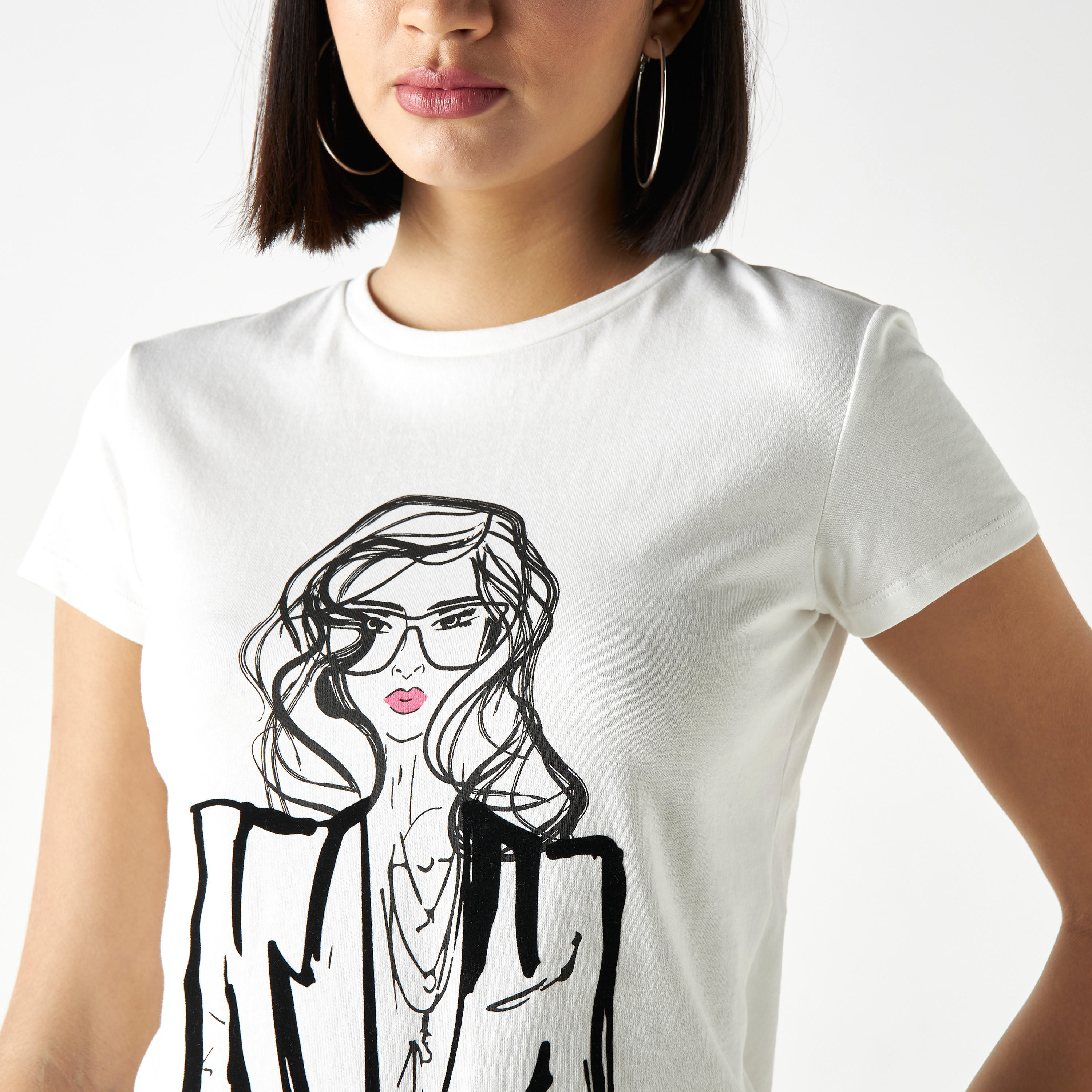 Graphic Print Crew Neck T-shirt with Cap Sleeves-women-clothing-tshirts-image-4