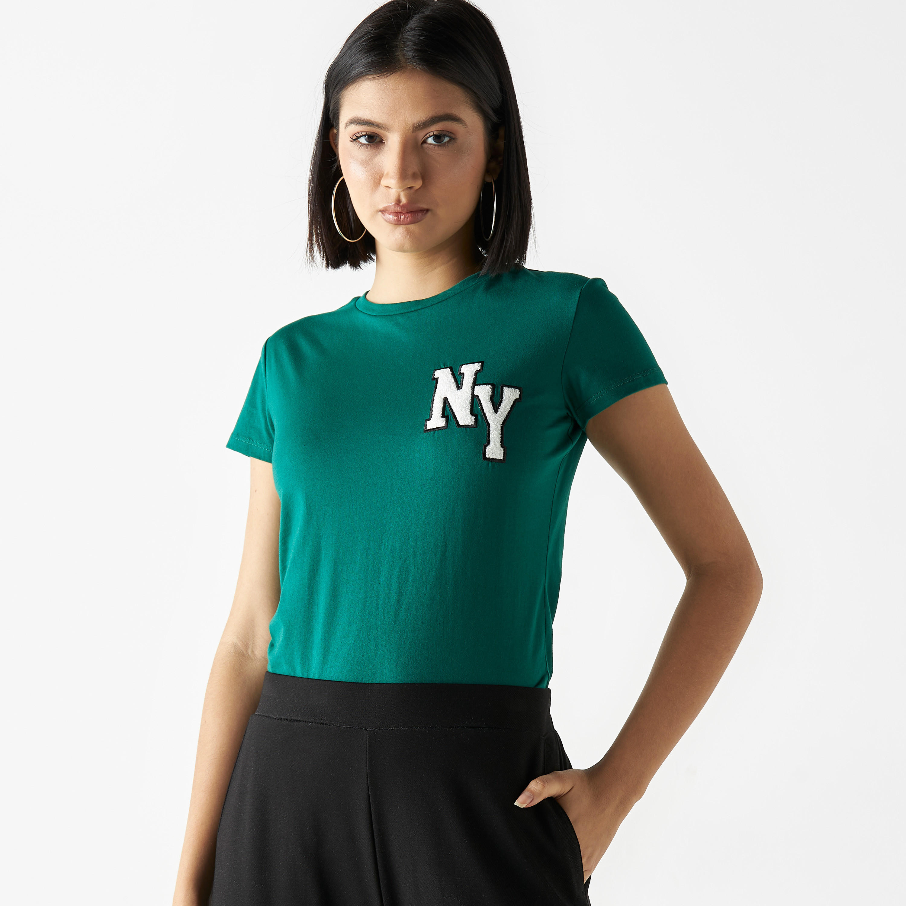 Embroidered Crew Neck T-shirt with Cap Sleeves-women-clothing-tshirts-image-1