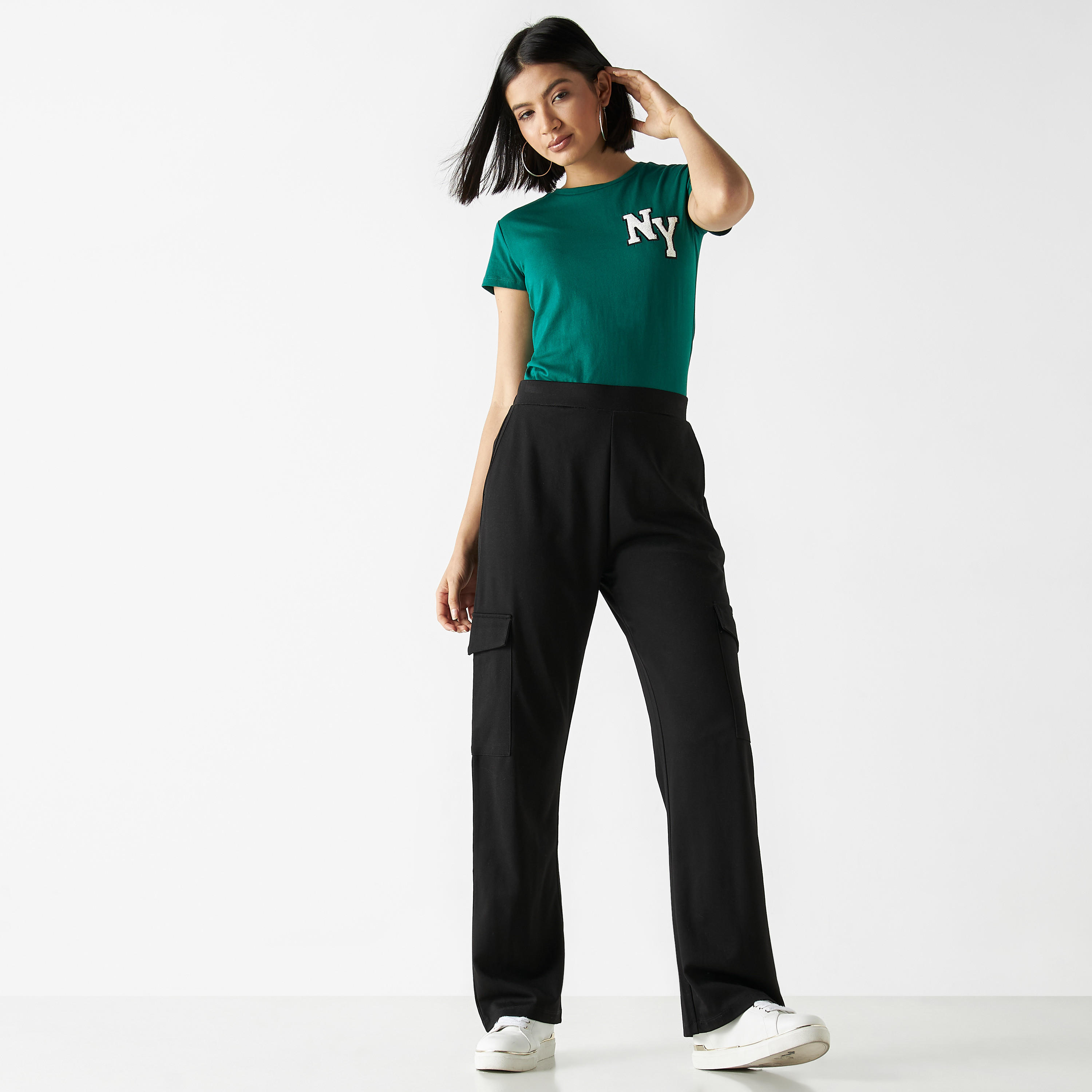 Embroidered Crew Neck T-shirt with Cap Sleeves-women-clothing-tshirts-image-2