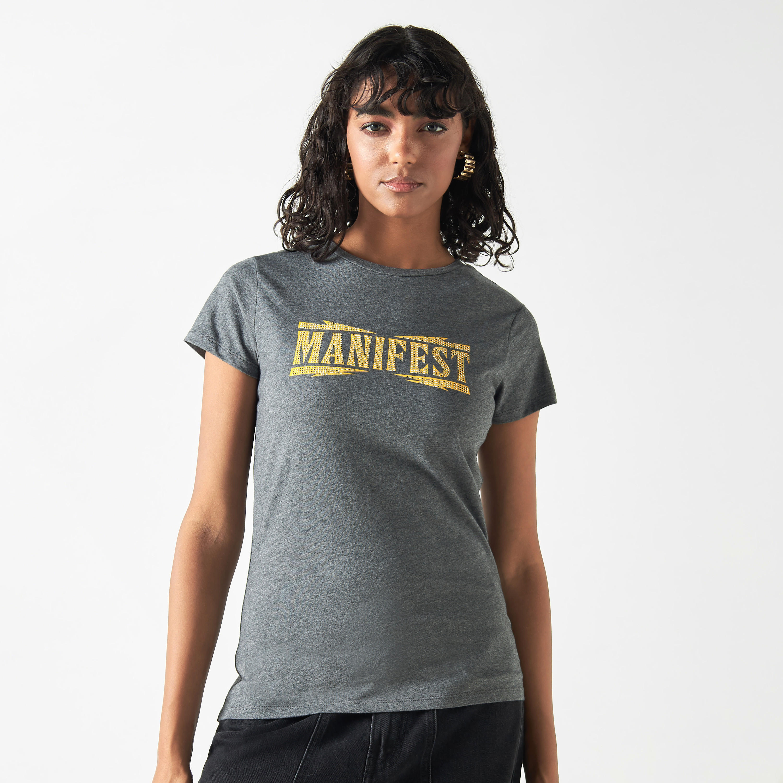 Slogan Embellished Crew Neck T-shirt with Short Sleeves-women-clothing-tshirts-image-1