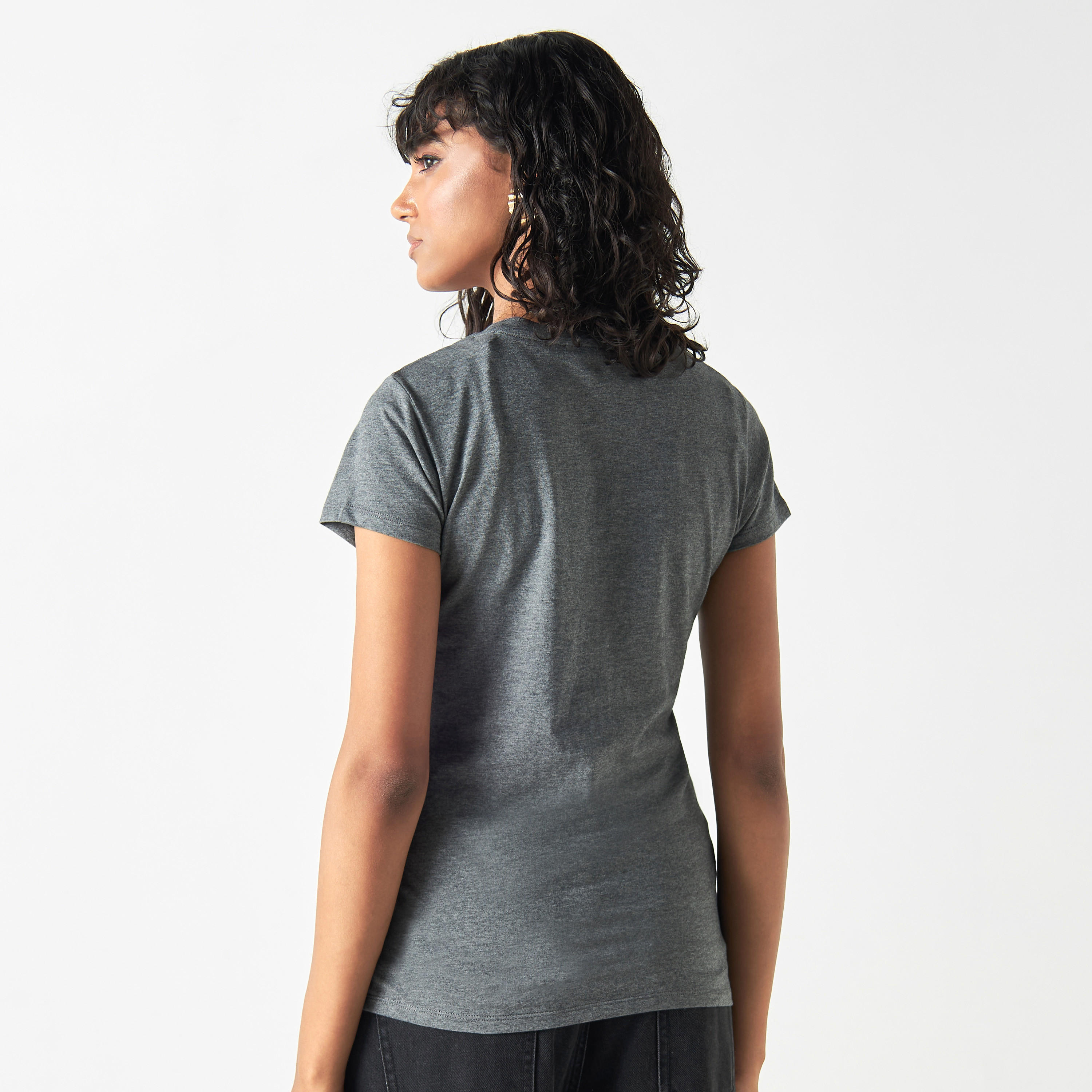 Slogan Embellished Crew Neck T-shirt with Short Sleeves-women-clothing-tshirts-image-3