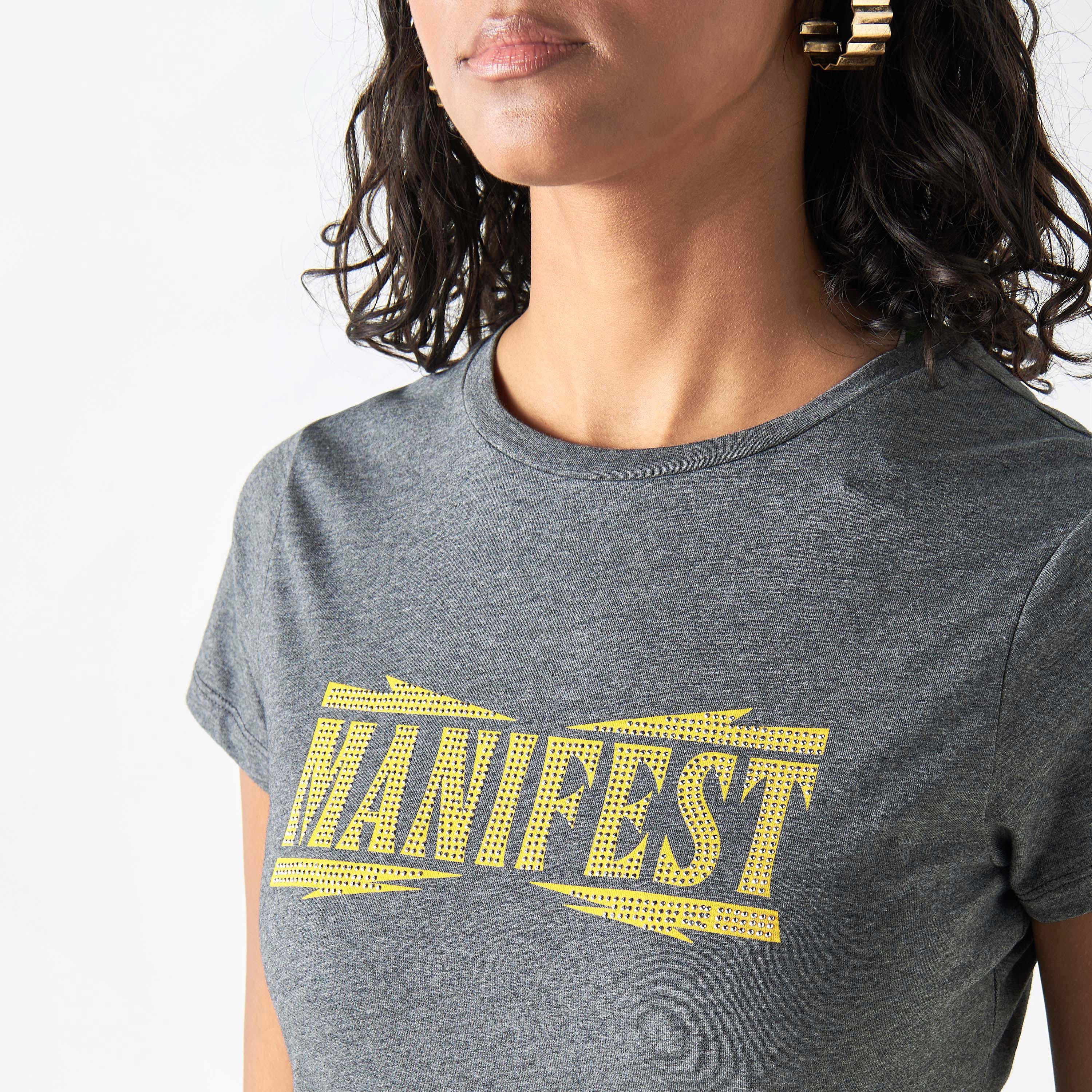 Slogan Embellished Crew Neck T-shirt with Short Sleeves-women-clothing-tshirts-image-4