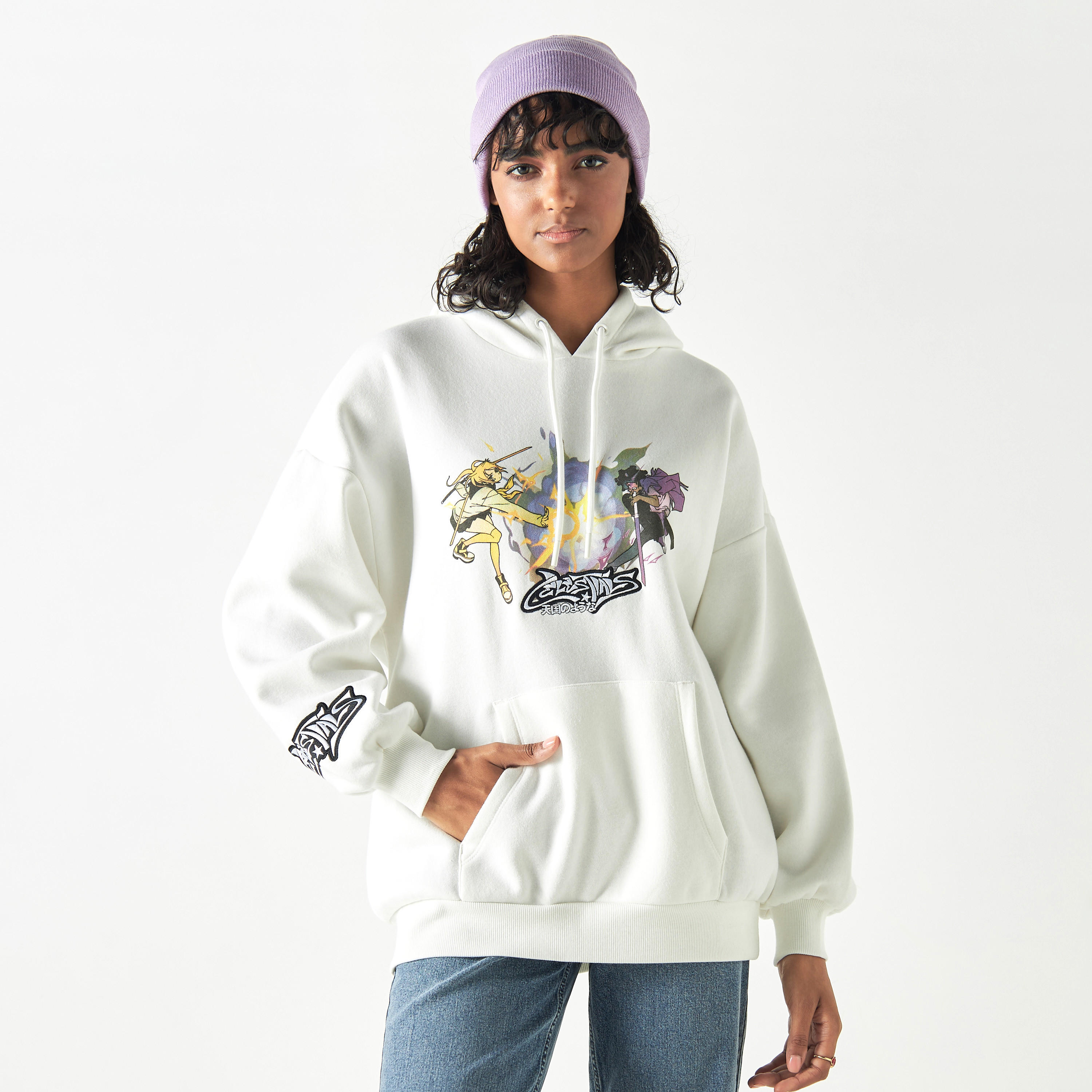 هودي فضفاض بأكمام بأكتاف منسدلة وجيب كنغر وطبعات-women-winterwear-hoodiesandsweatshirts-hoodies-image-1