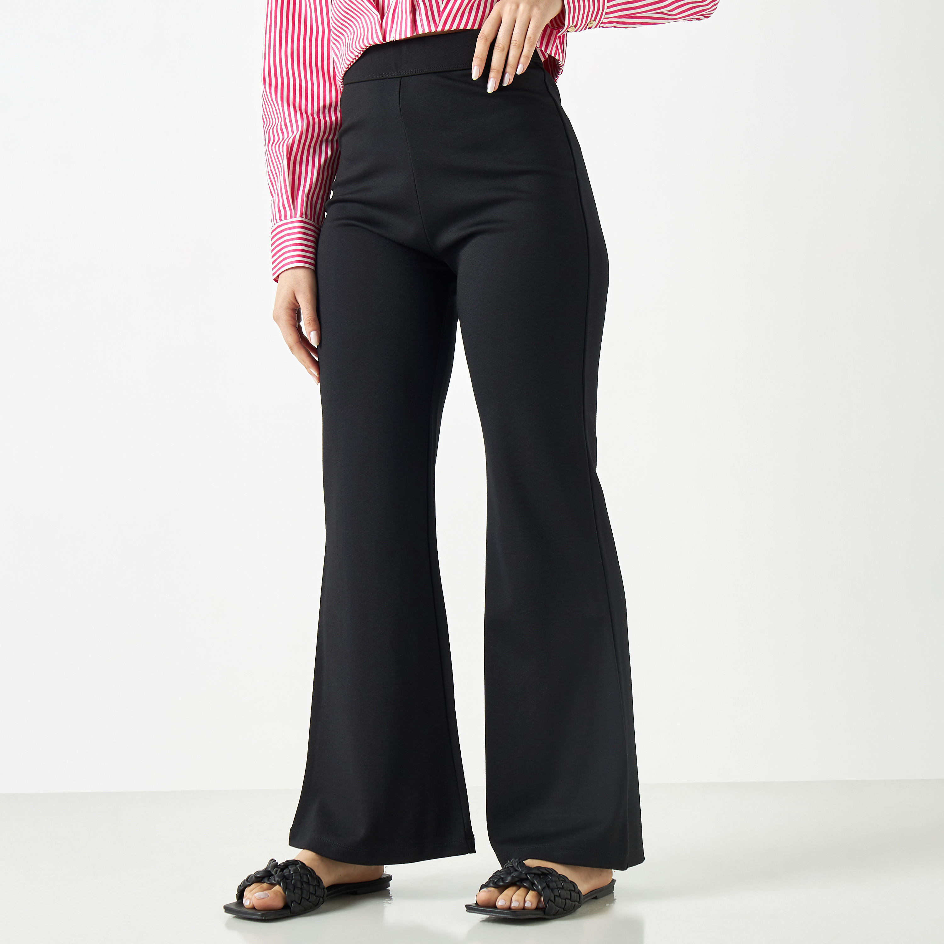 Solid Flared Ponte Pants with Elasticised Waistband-women-clothing-trousers-image-1