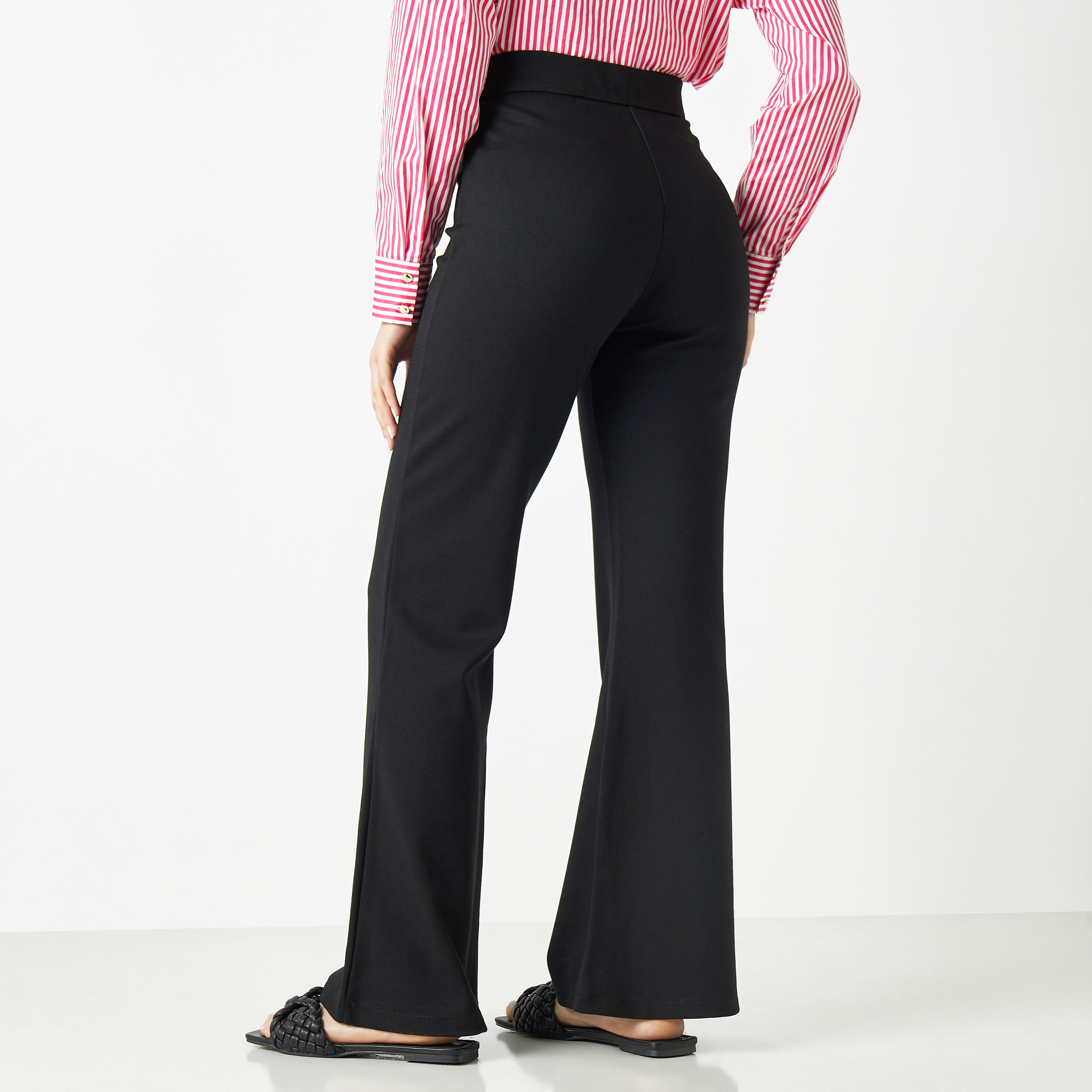 Solid Flared Ponte Pants with Elasticised Waistband-women-clothing-trousers-image-3