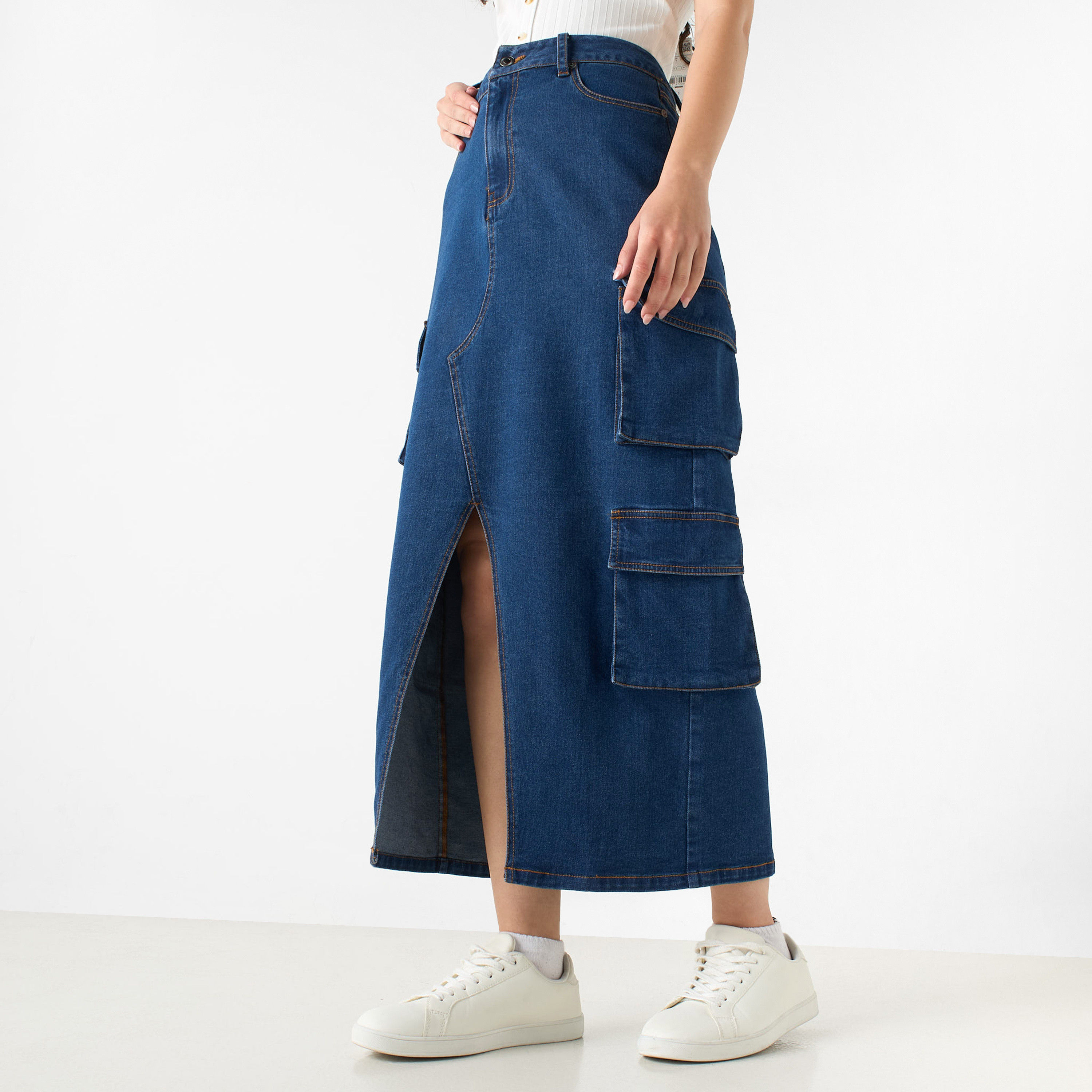 Denim Skirt with Pockets and Slit Detail-women-clothing-skirts-image-1