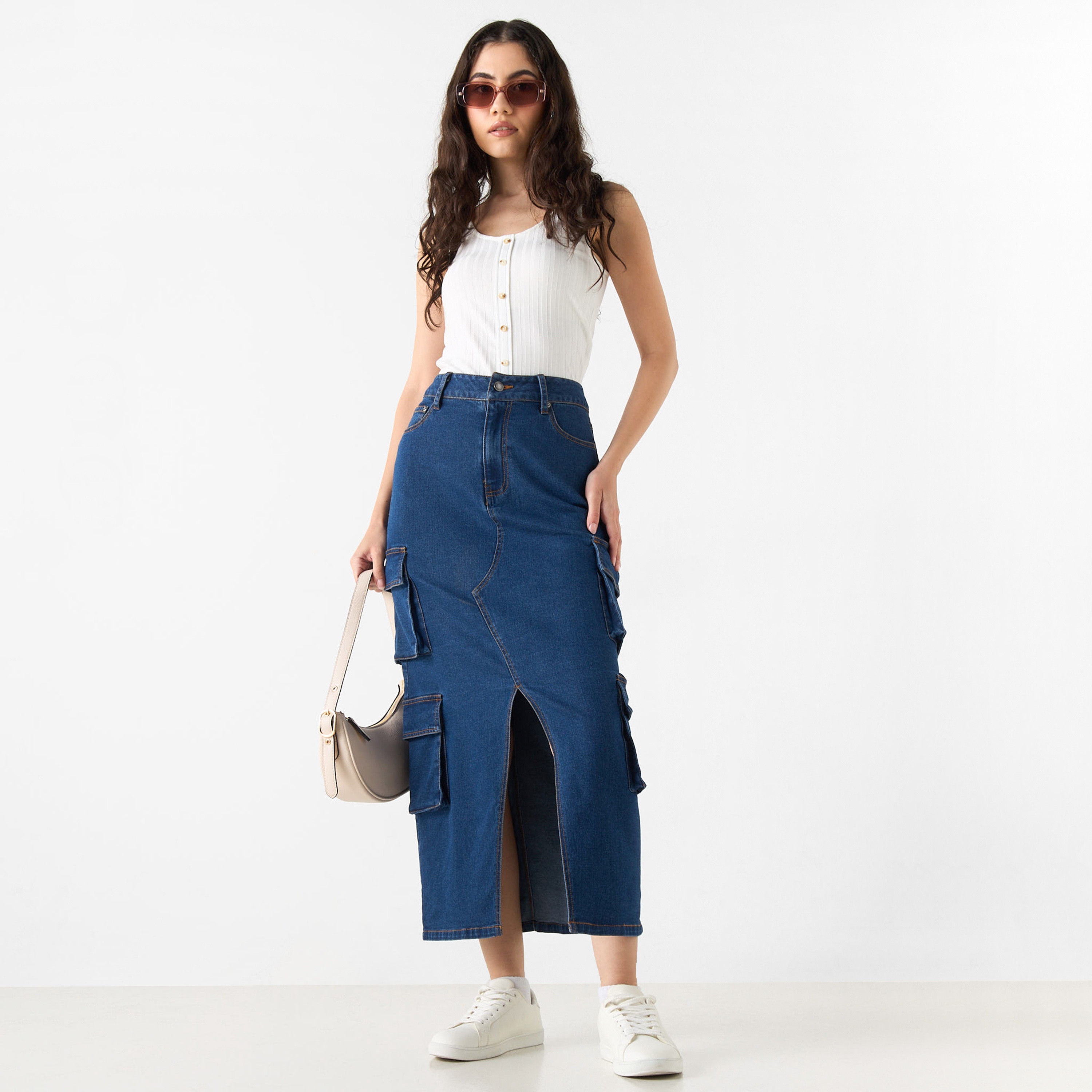 Denim Skirt with Pockets and Slit Detail-women-clothing-skirts-image-2