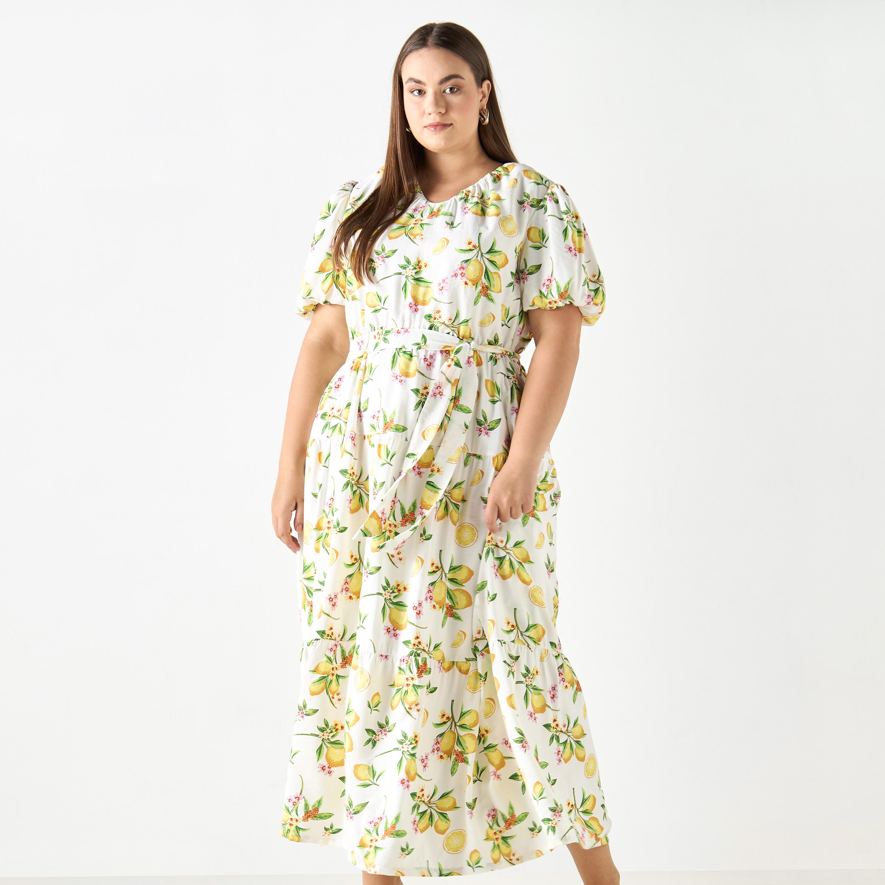 فستان مقاس كبير بأكمام منفوخة وحزام رباط وطبعات ليمون-women-clothing-dresses-image-1