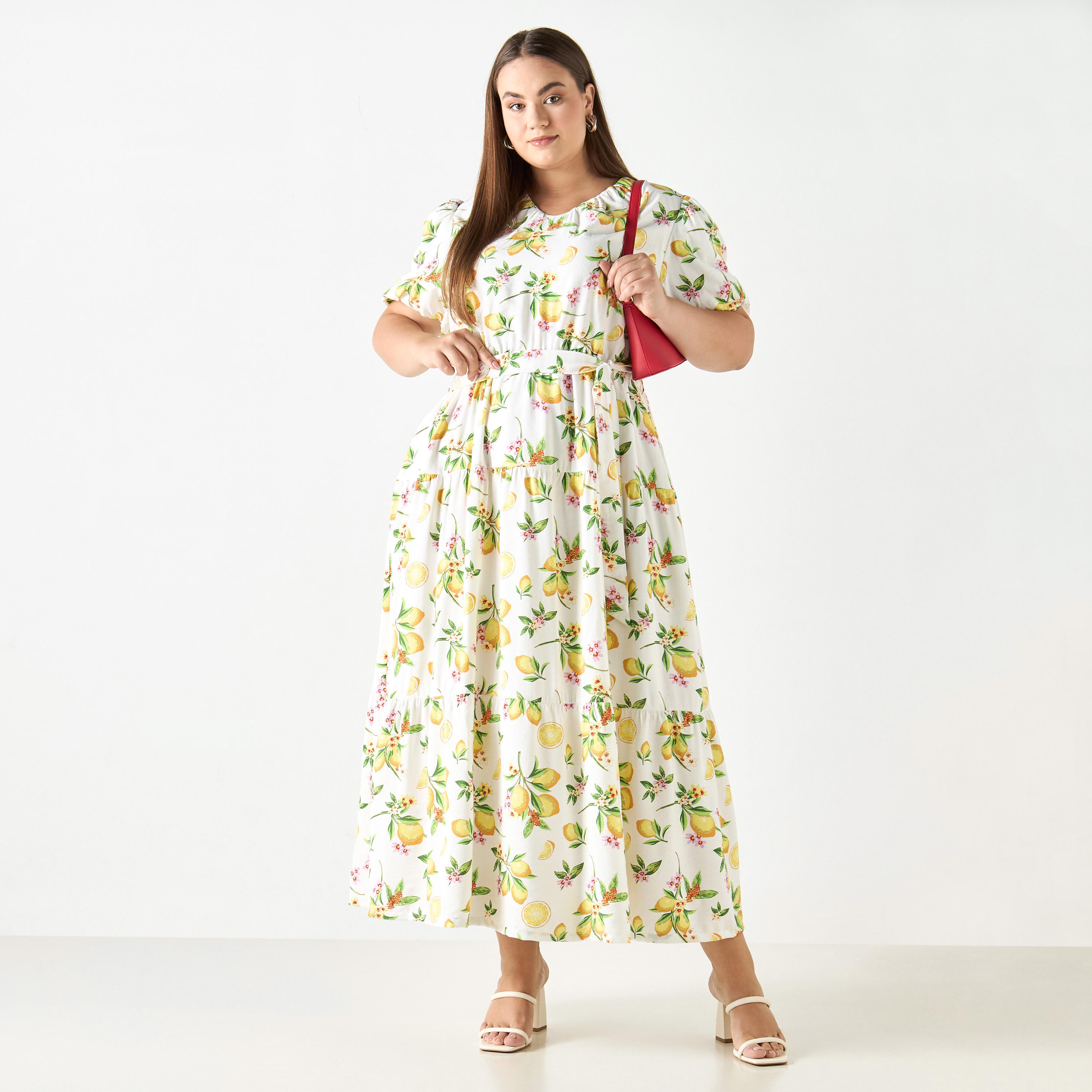 فستان مقاس كبير بأكمام منفوخة وحزام رباط وطبعات ليمون-women-clothing-dresses-image-2