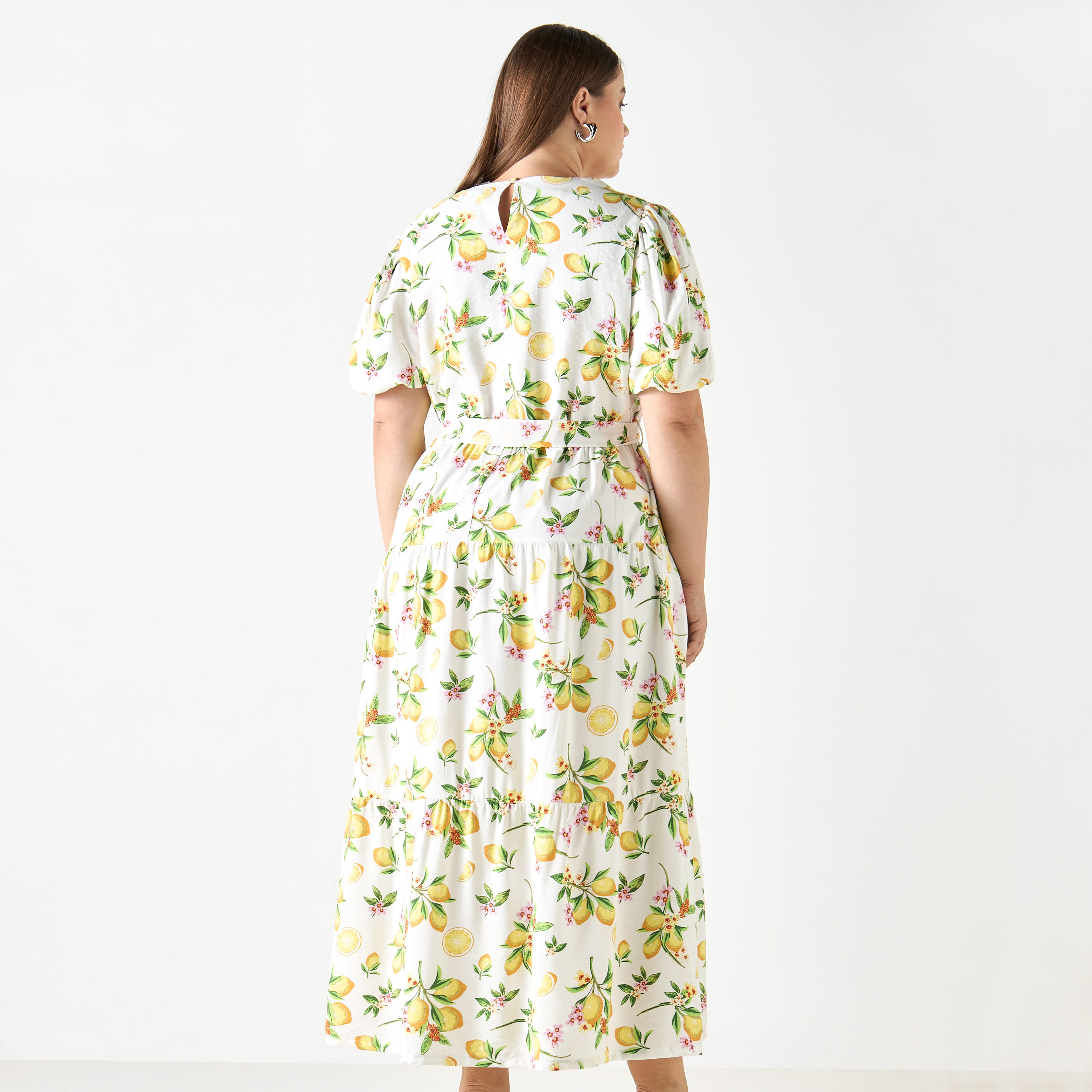 فستان مقاس كبير بأكمام منفوخة وحزام رباط وطبعات ليمون-women-clothing-dresses-image-3