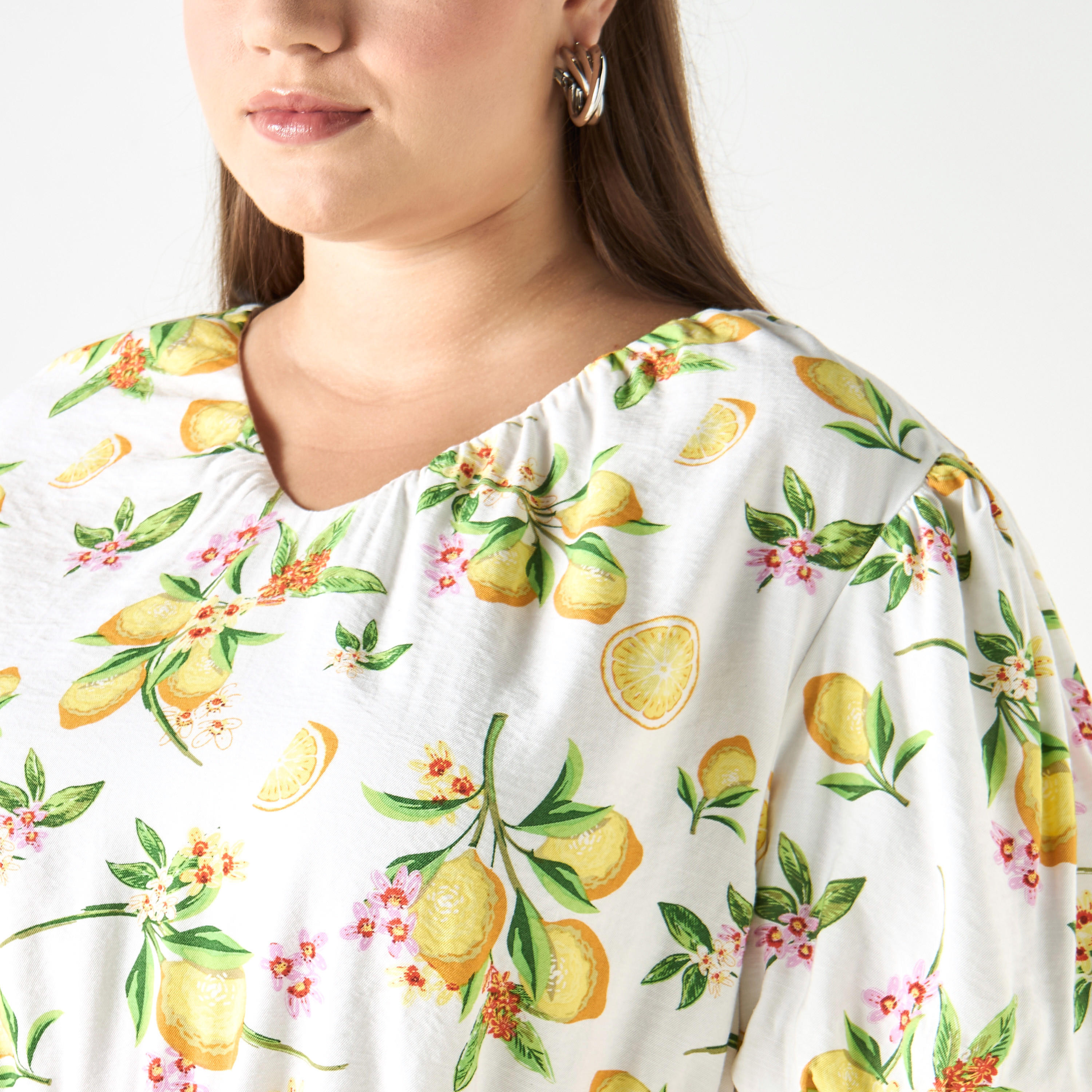 فستان مقاس كبير بأكمام منفوخة وحزام رباط وطبعات ليمون-women-clothing-dresses-image-4