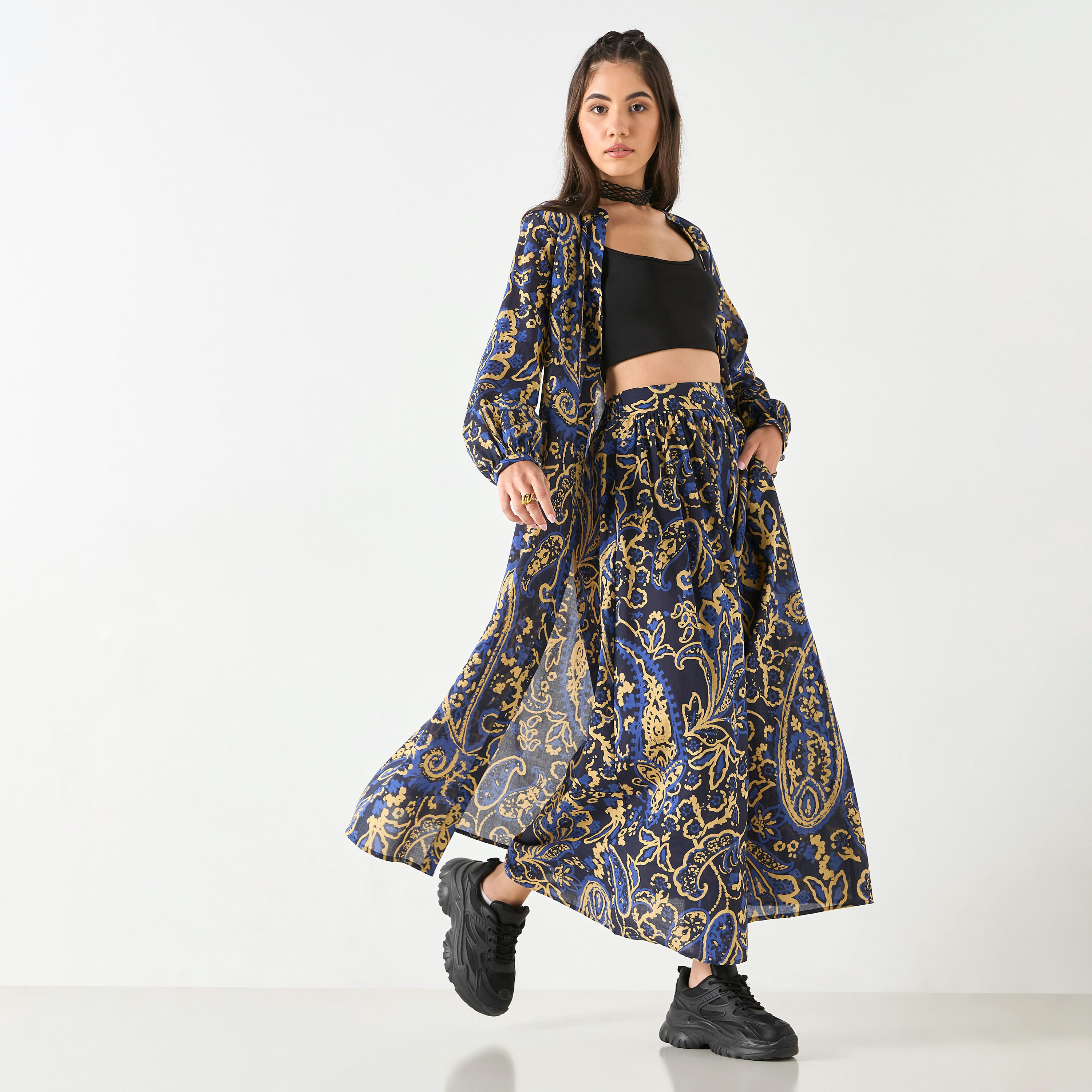 تنورة بكسرات بطبعات مع جيوب وخصر شبه مطاطي-women-clothing-bottoms-skirts-image-2