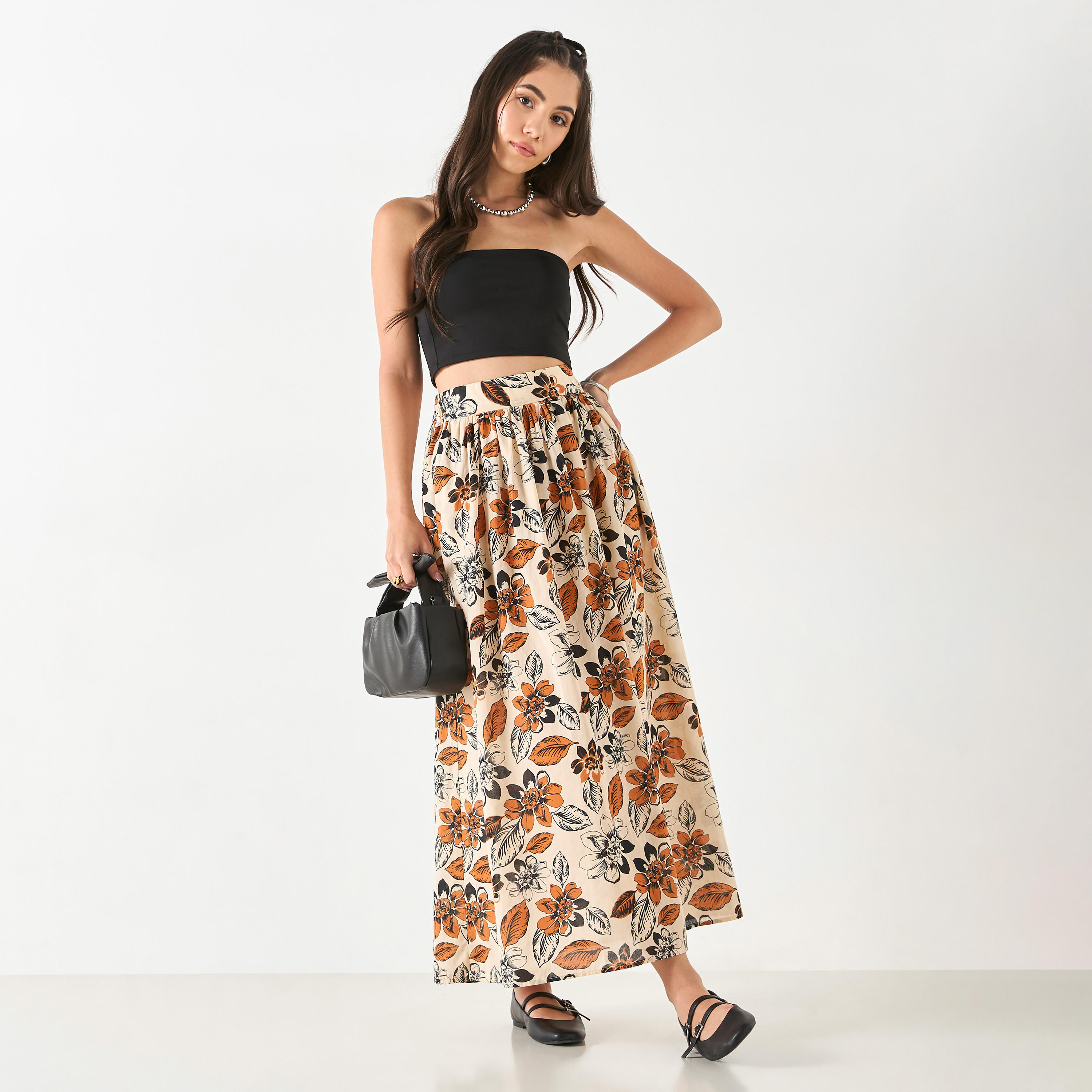 تنورة بكسرات بطبعات مع جيوب وخصر شبه مطاطي-women-clothing-bottoms-skirts-image-2
