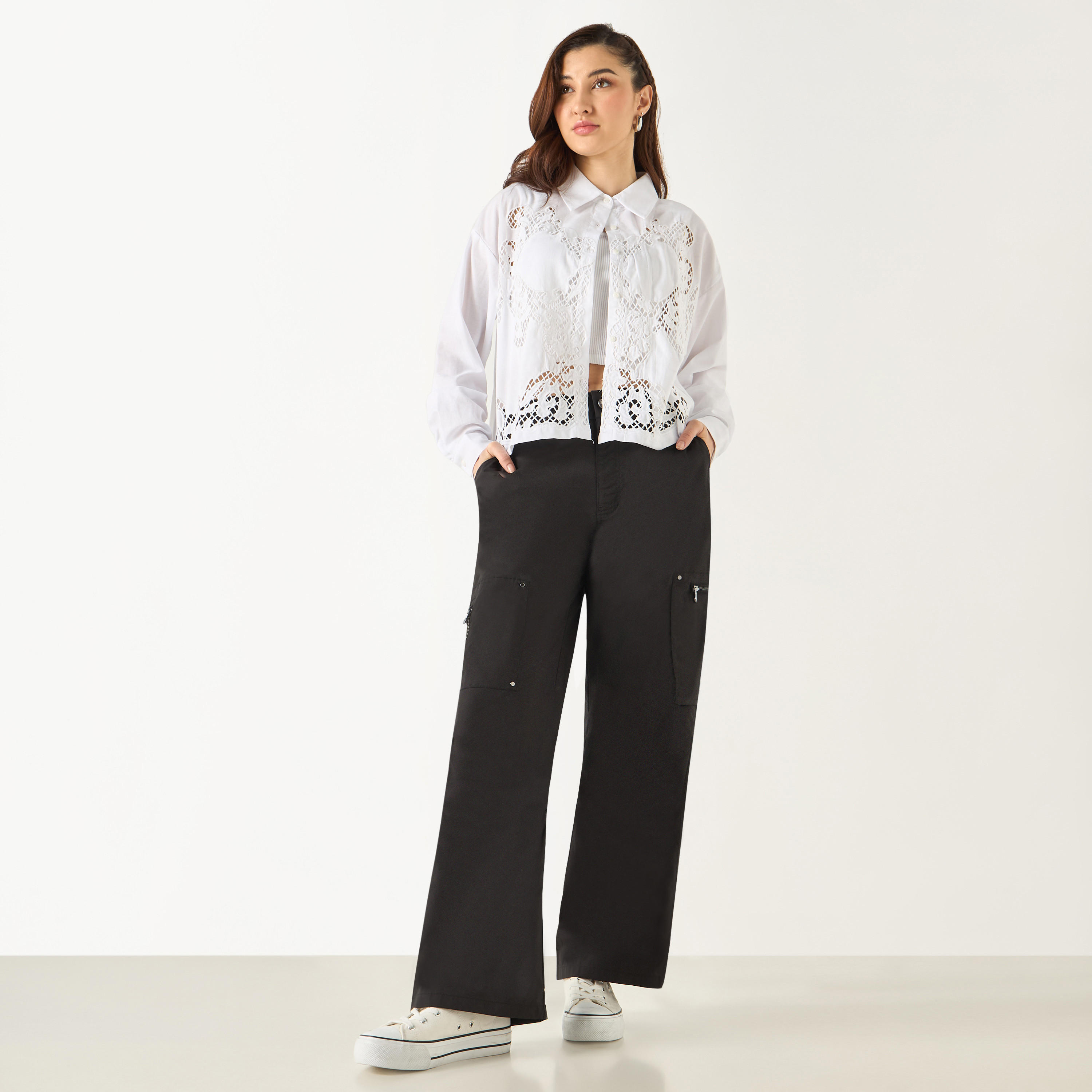 Cargo Trousers with Button Closure and Pockets-women-clothing-trousers-image-2