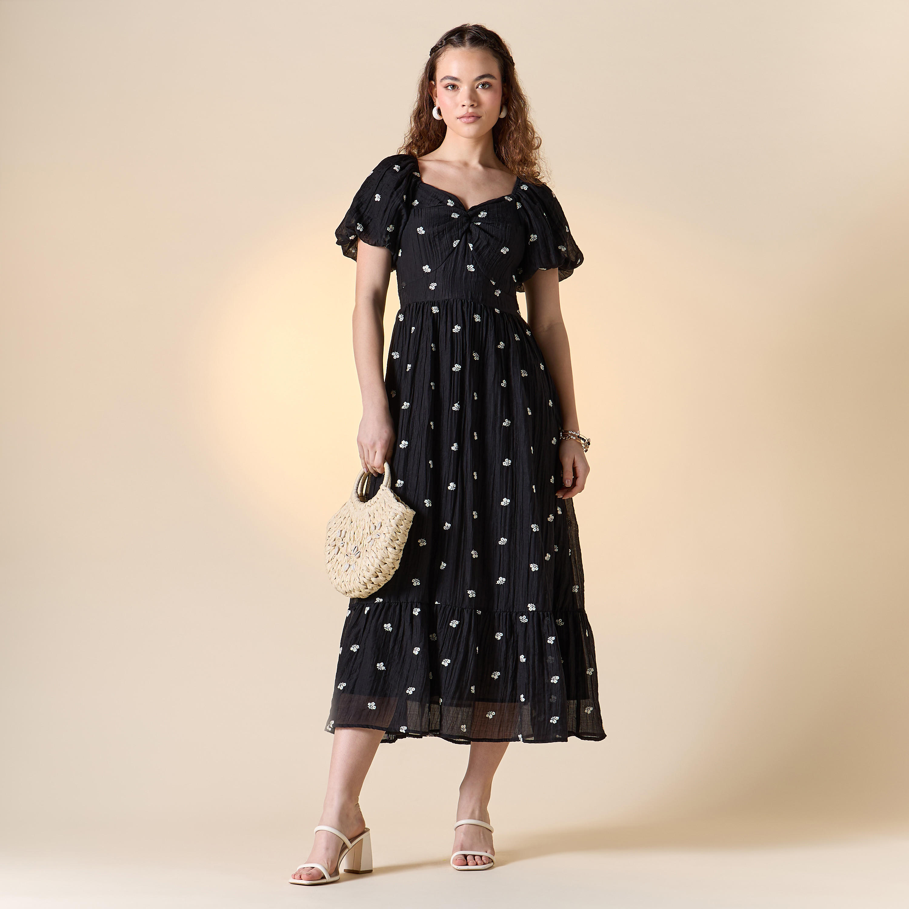 Floral Embroidered Midi Dress with Sweetheart Neck and Short Sleeves-women-clothing-dresses-image-12