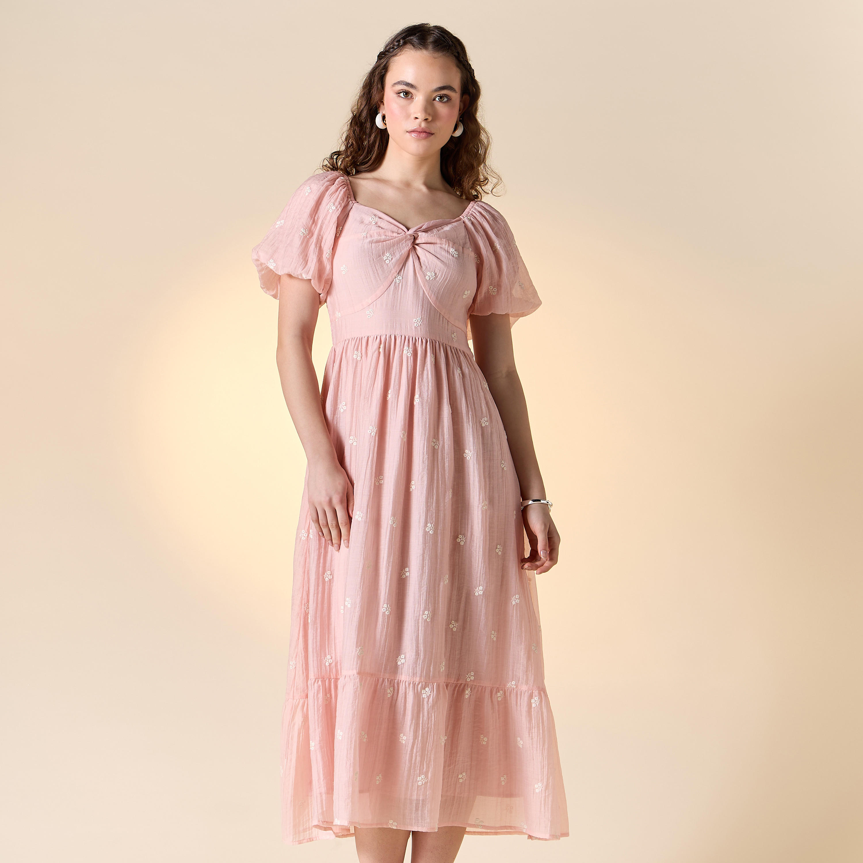 Floral Embroidered Midi Dress with Sweetheart Neck and Short Sleeves-women-clothing-dresses-image-1
