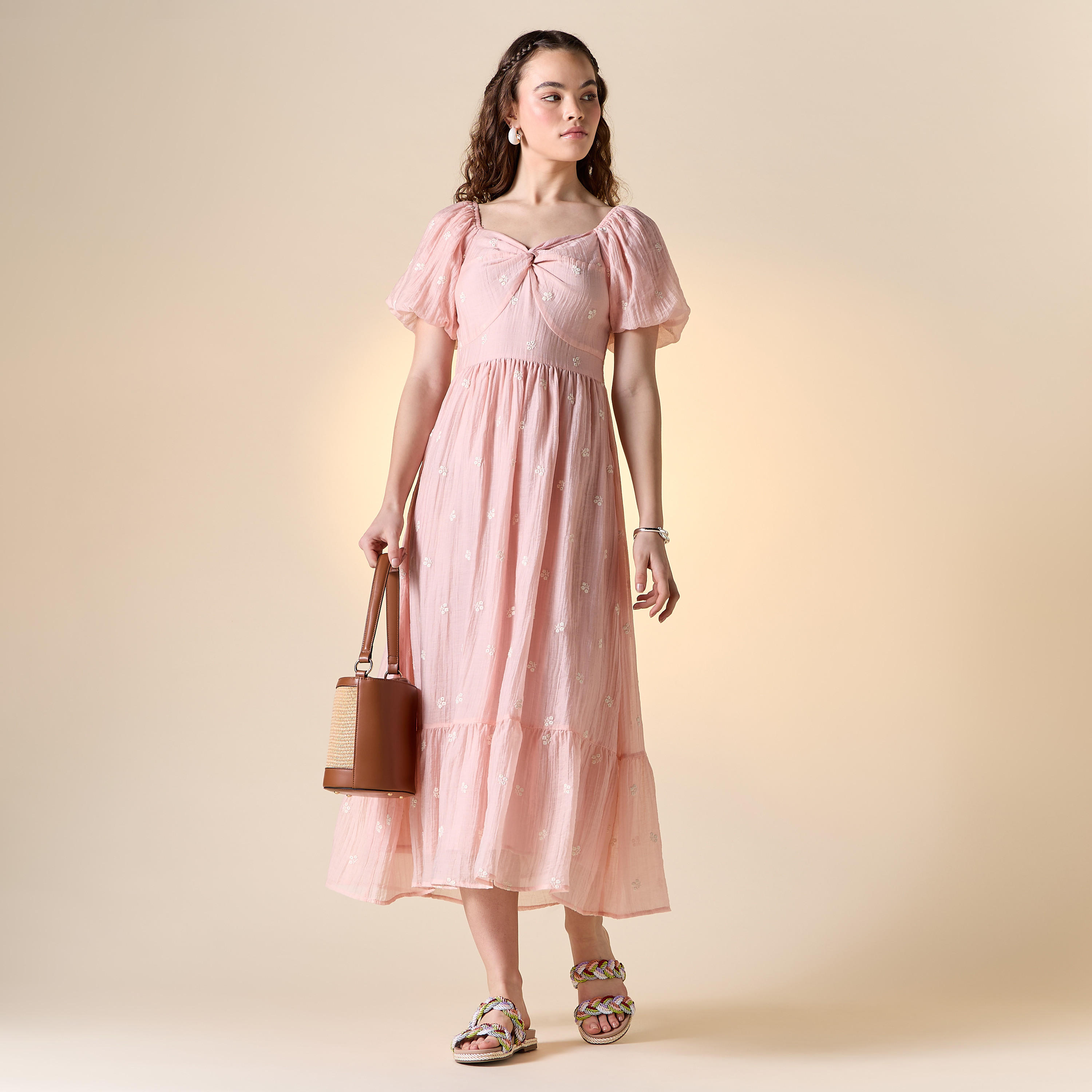 Floral Embroidered Midi Dress with Sweetheart Neck and Short Sleeves-women-clothing-dresses-image-2