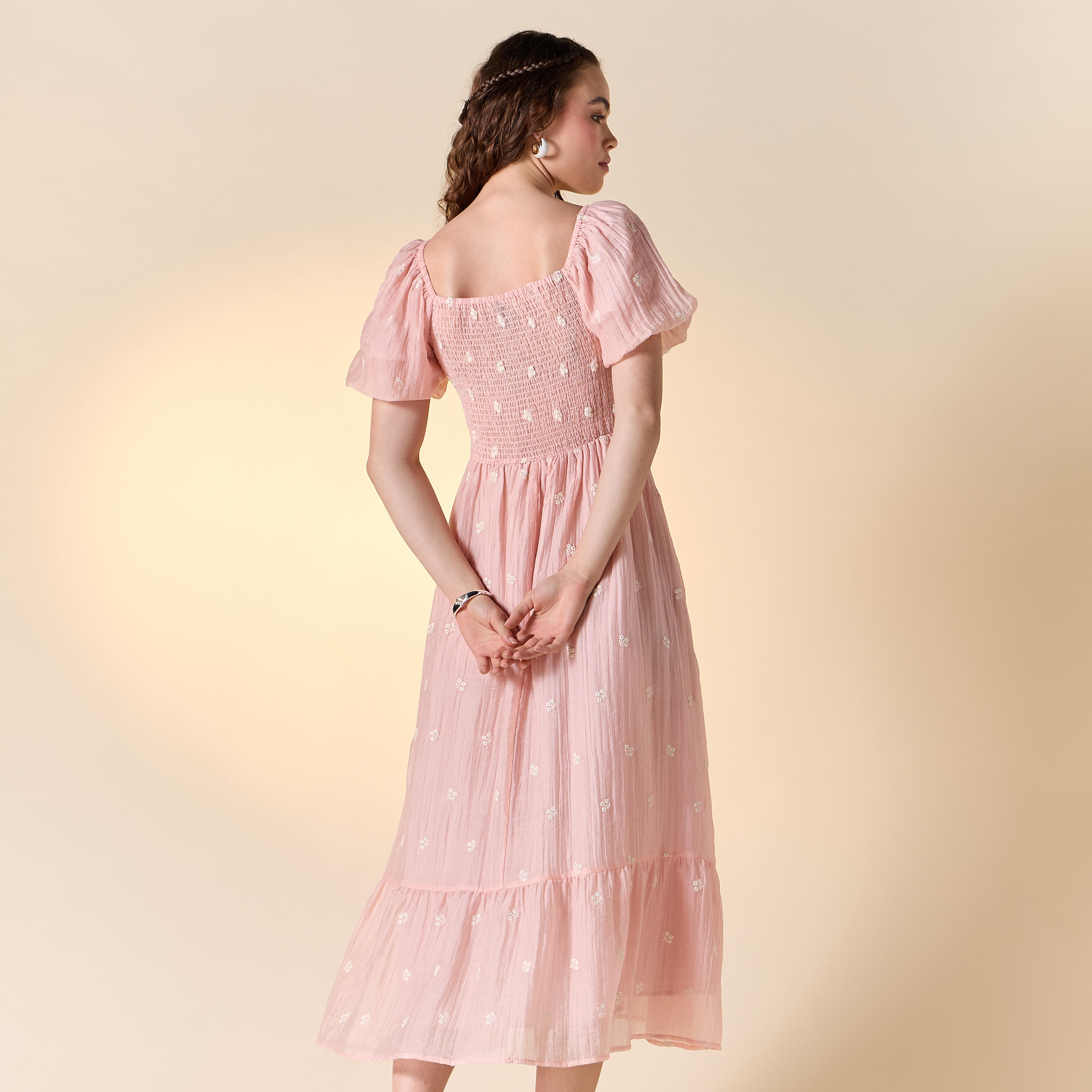 Floral Embroidered Midi Dress with Sweetheart Neck and Short Sleeves-women-clothing-dresses-image-3